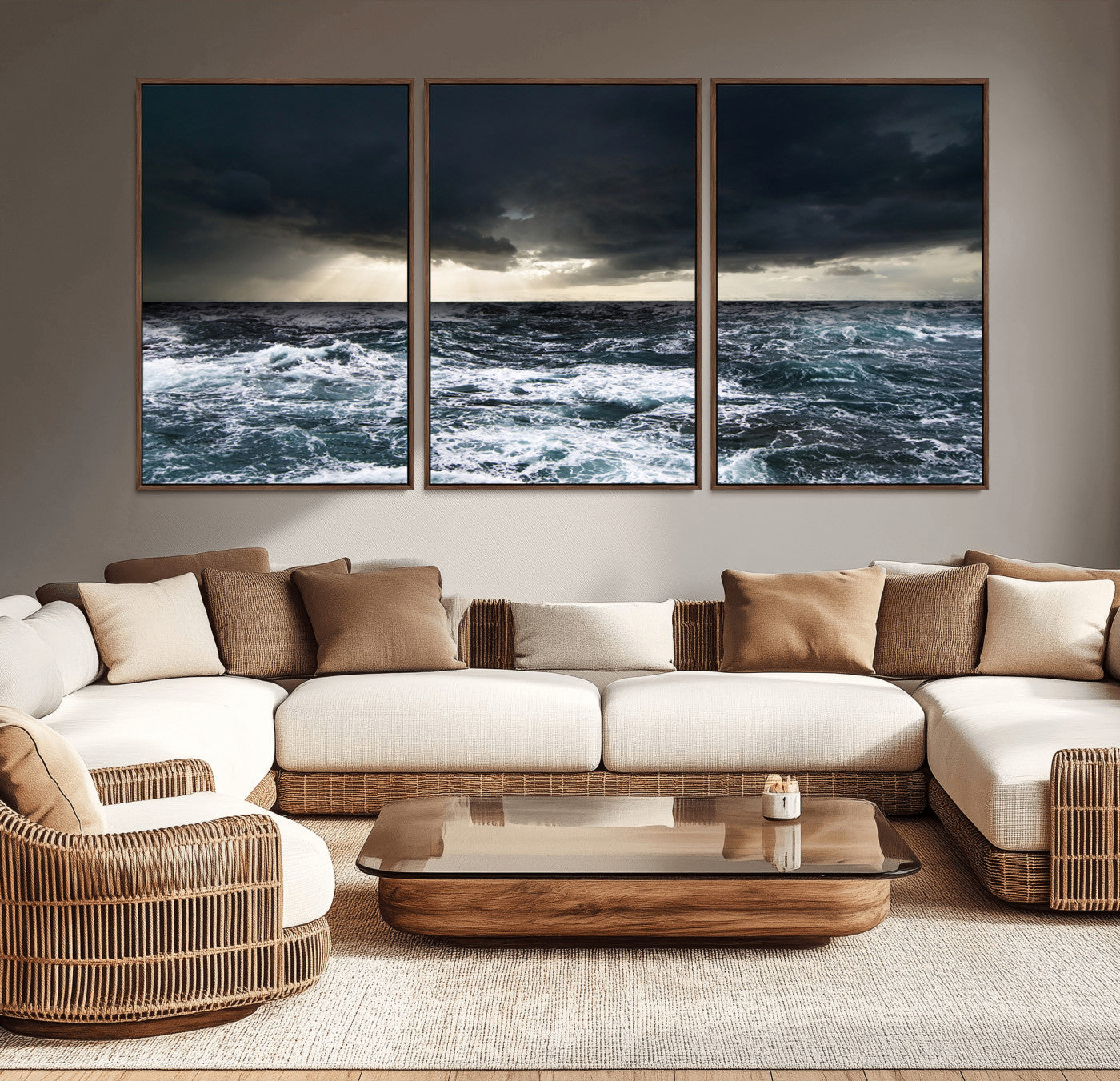 Moody ocean scene with stormy skies and crashing waves, perfect for dramatic or coastal-style home wall decor.