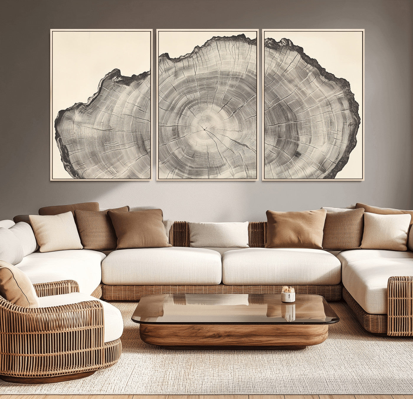 Detailed tree ring drawing in monochrome tones, ideal for rustic or nature-inspired interiors with a minimal decor aesthetic.