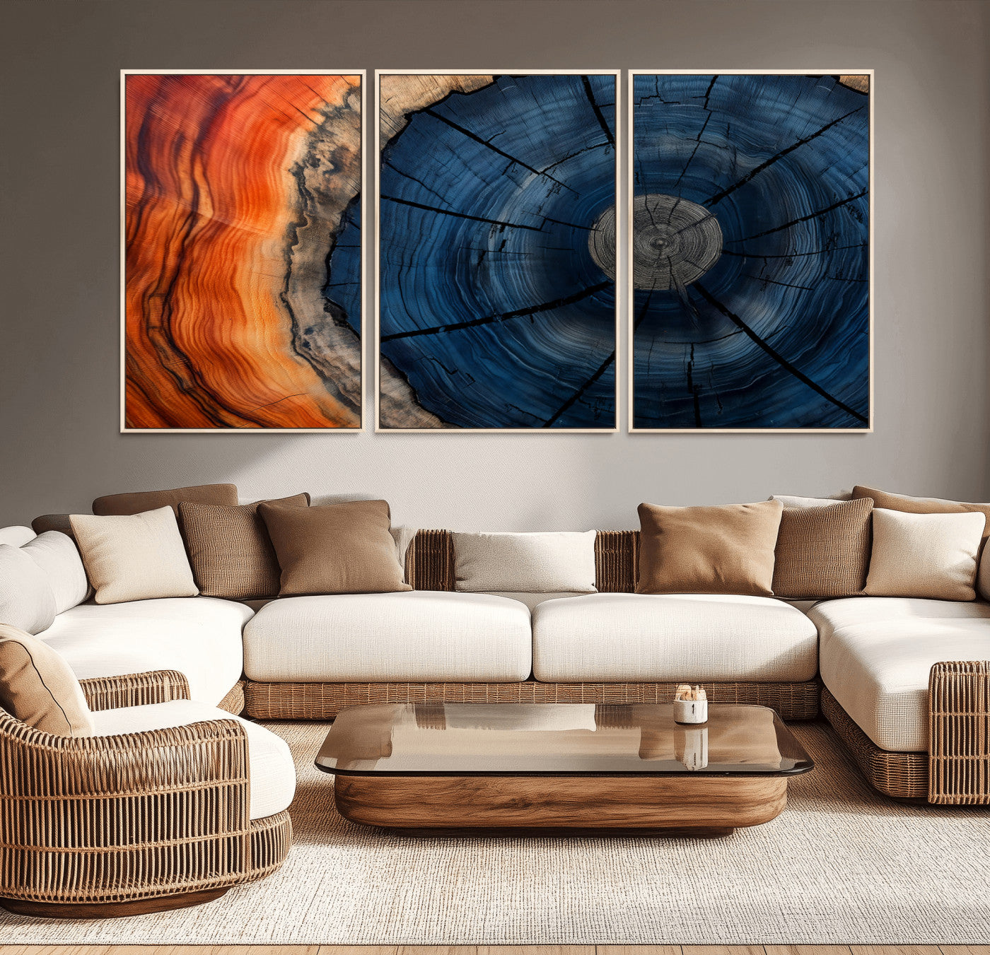 A captivating close-up of a tree trunk, showcasing its concentric rings in rich shades of blue, orange, and brown, highlighting the organic patterns of natural wood.