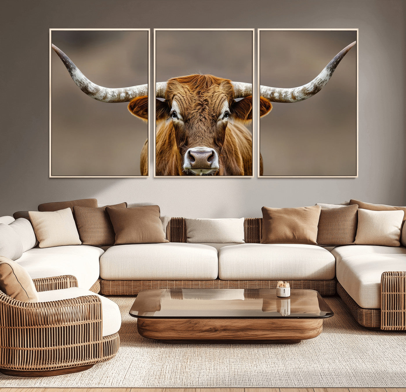 Close-up of a Texas Longhorn with strong curved horns and warm brown tones, perfect for rustic or western-style wall decor.