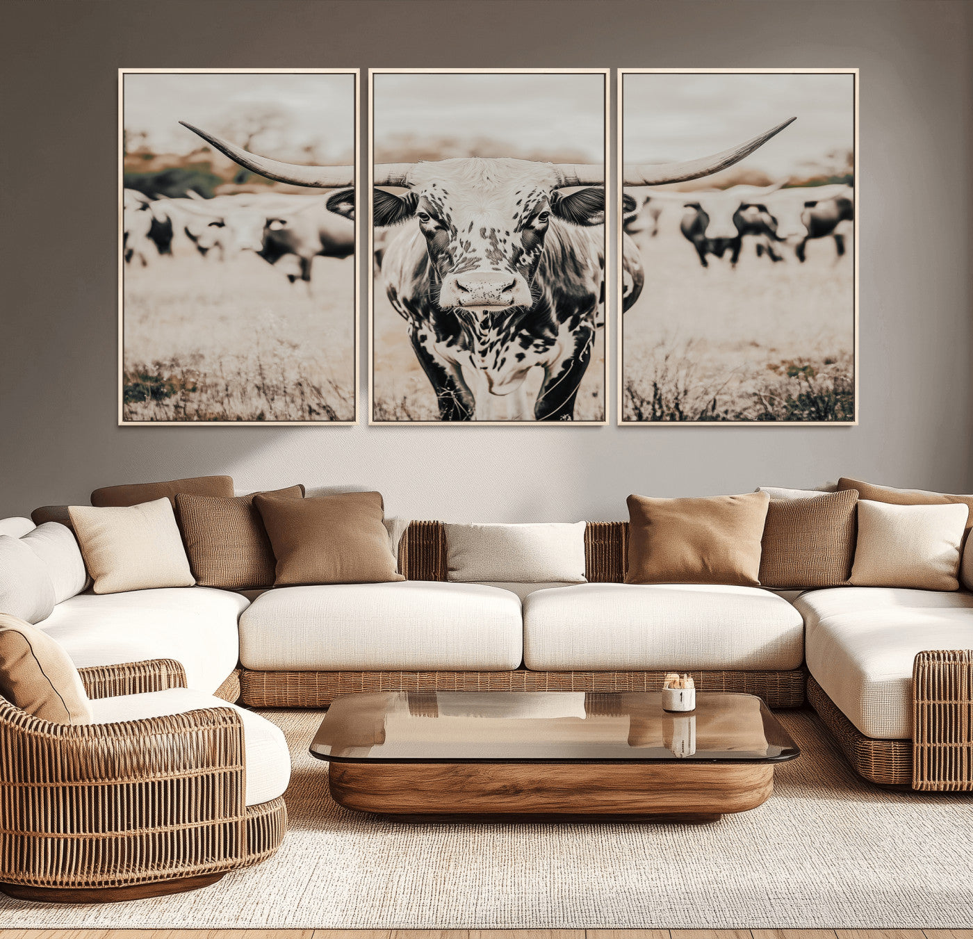 Canvas of a speckled Texas longhorn standing boldly in a field with a herd behind, perfect for rustic western or farmhouse wall decor.