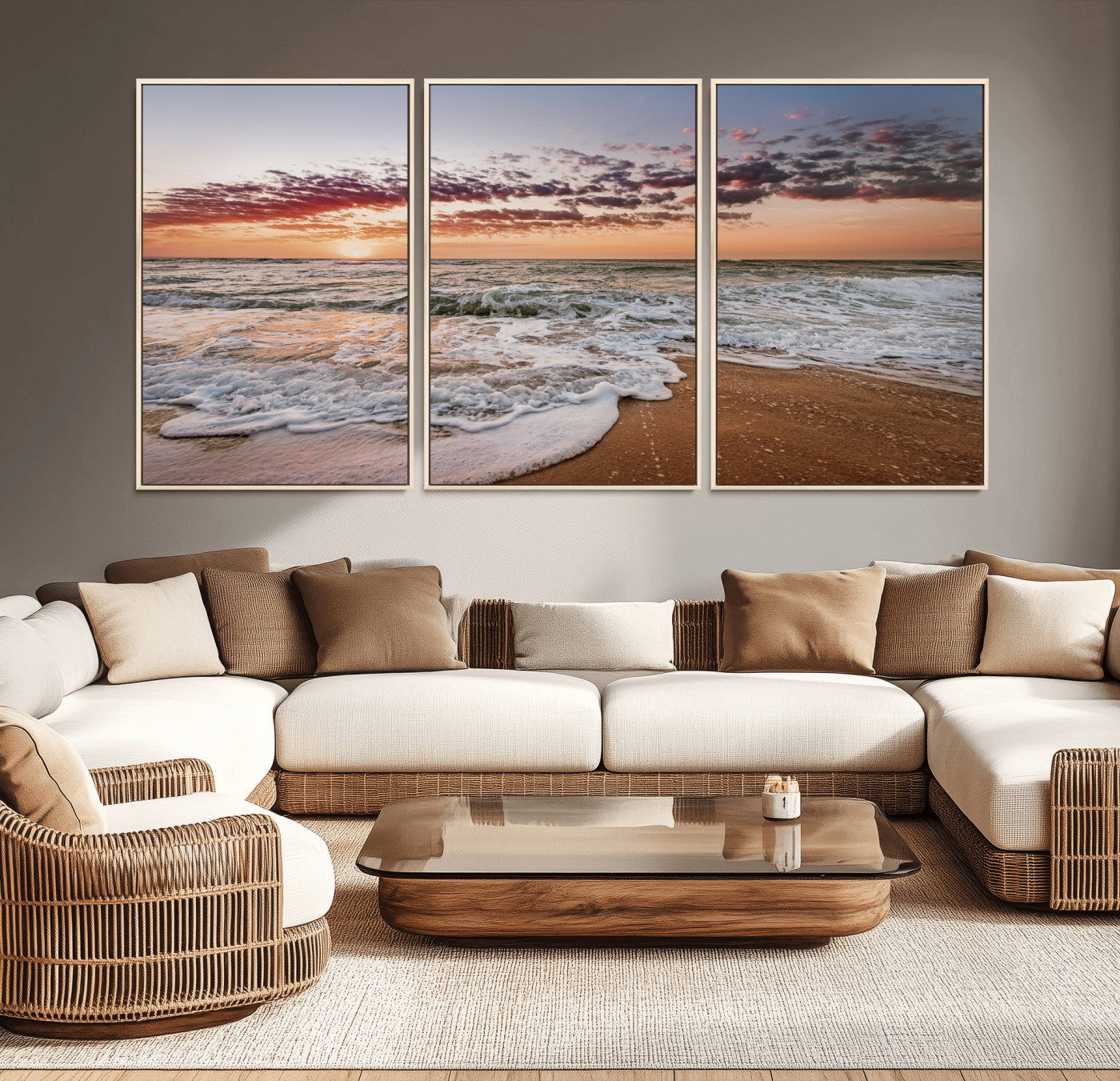 Canvas of a sunset over a foamy ocean shore with warm light and gentle waves, ideal for coastal or beach-themed home decor.
