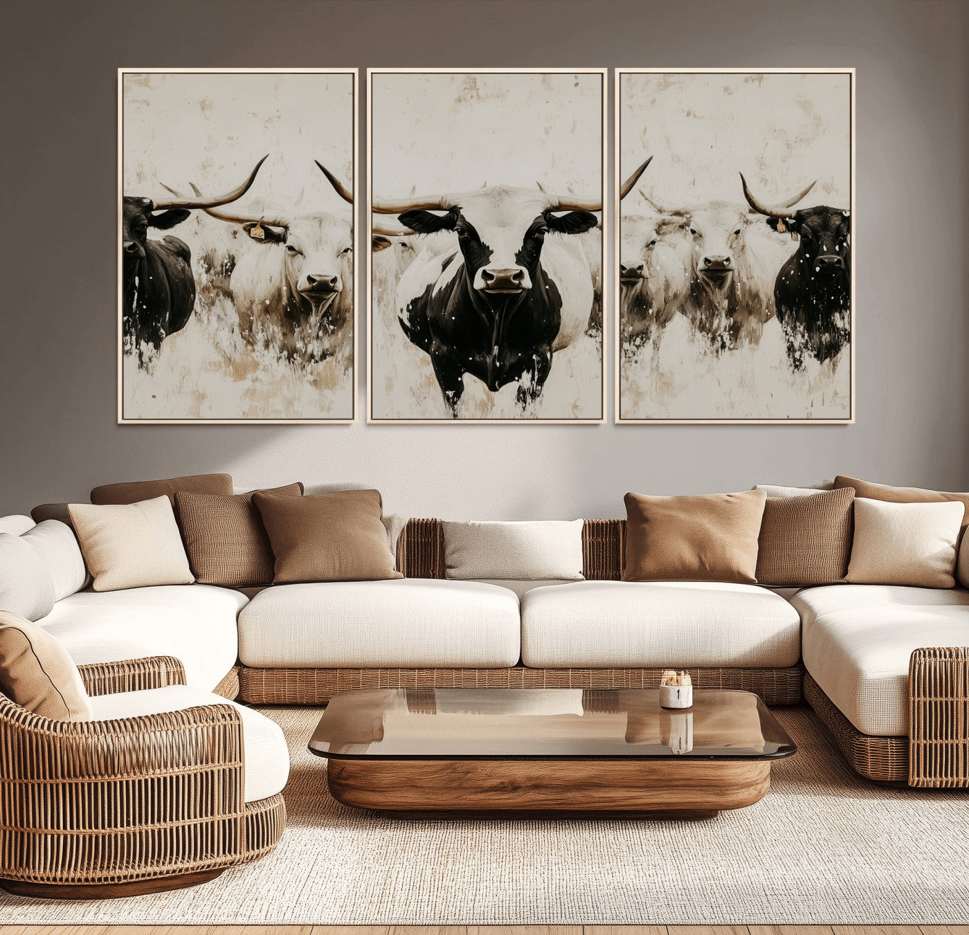 Illustrated herd of longhorn cattle in black and white tones with a neutral textured background, perfect for rustic or farmhouse-style decor.
