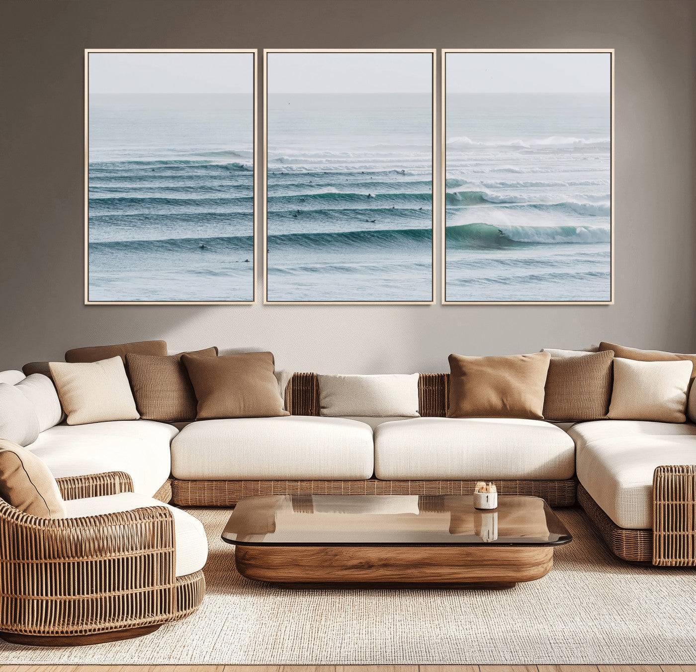 High-angle view of surfers lining up across layered ocean waves, ideal for minimal coastal or surf-inspired room decor.