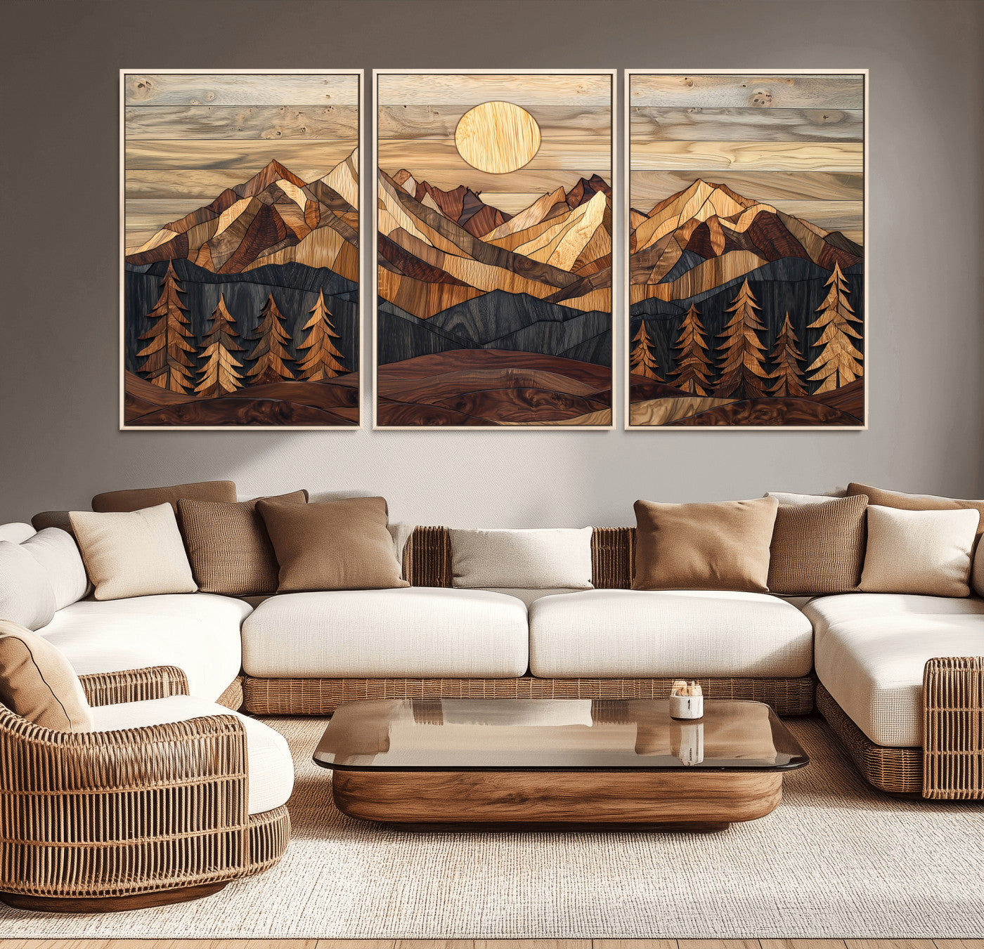 Mountain Landscape Wall Art Print - Sunset Hills Canvas Print, featuring an abstract nature scene with earthy tones and misty peaks, perfect for boho and modern decor.