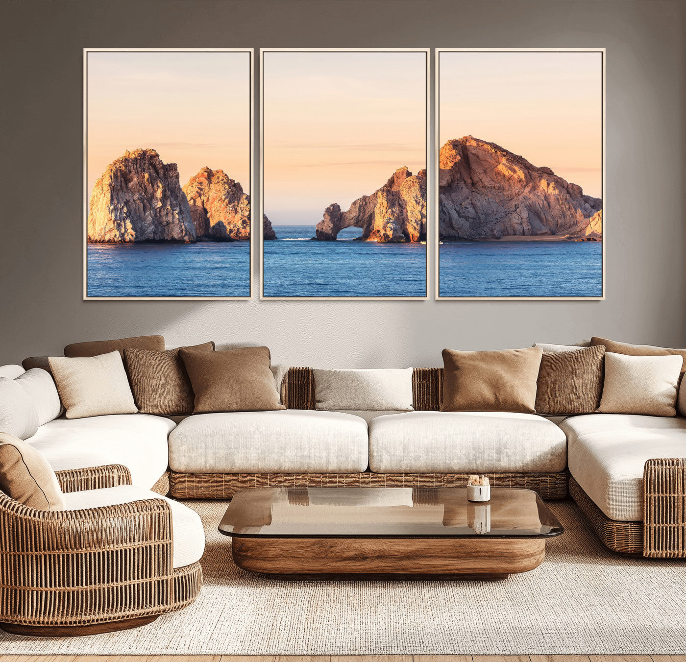 Framed canvas of El Arco rock formation in Cabo San Lucas at golden hour, ideal for coastal landmark or ocean-inspired decor.