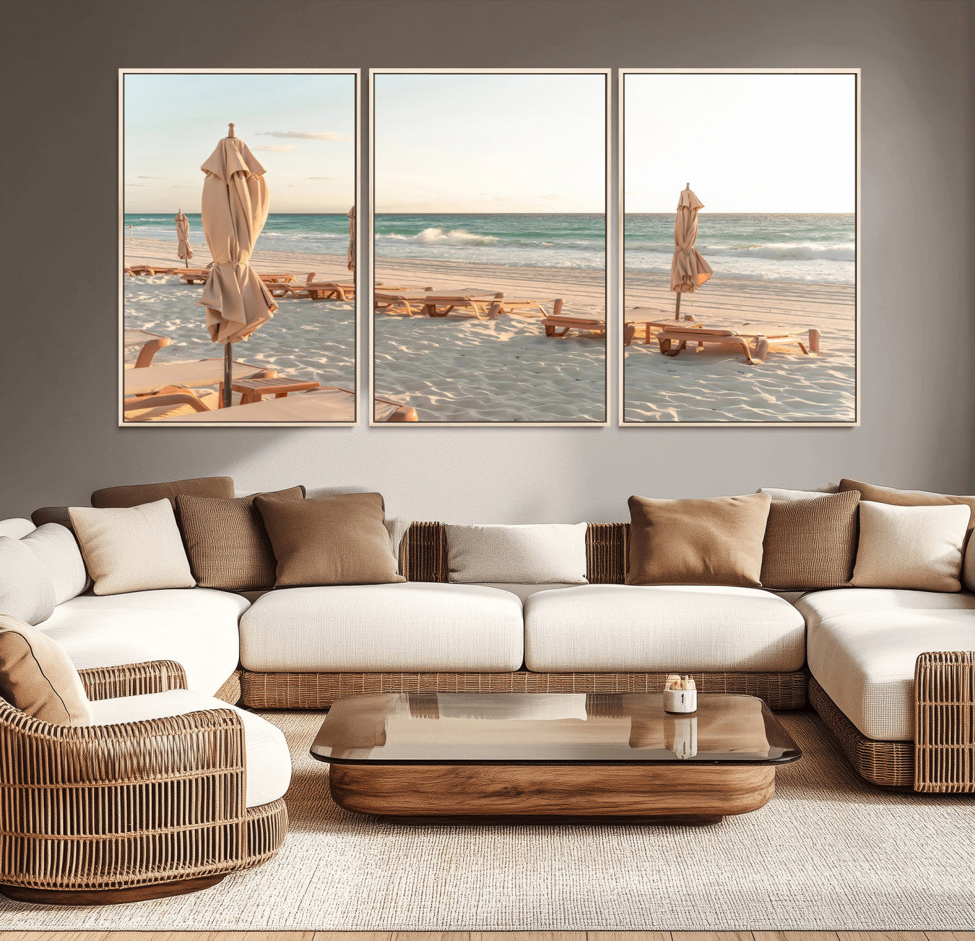 Minimalist photo of empty beach loungers and umbrellas on soft sand, ideal for calm seaside or pastel coastal-style home decor.