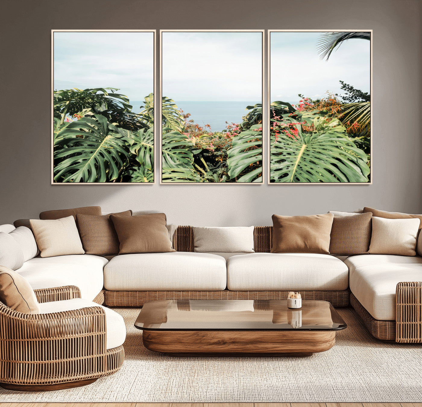 Monstera leaves and tropical flowers framing a calm ocean view, ideal for tropical coastal or exotic jungle-style interior wall decor.