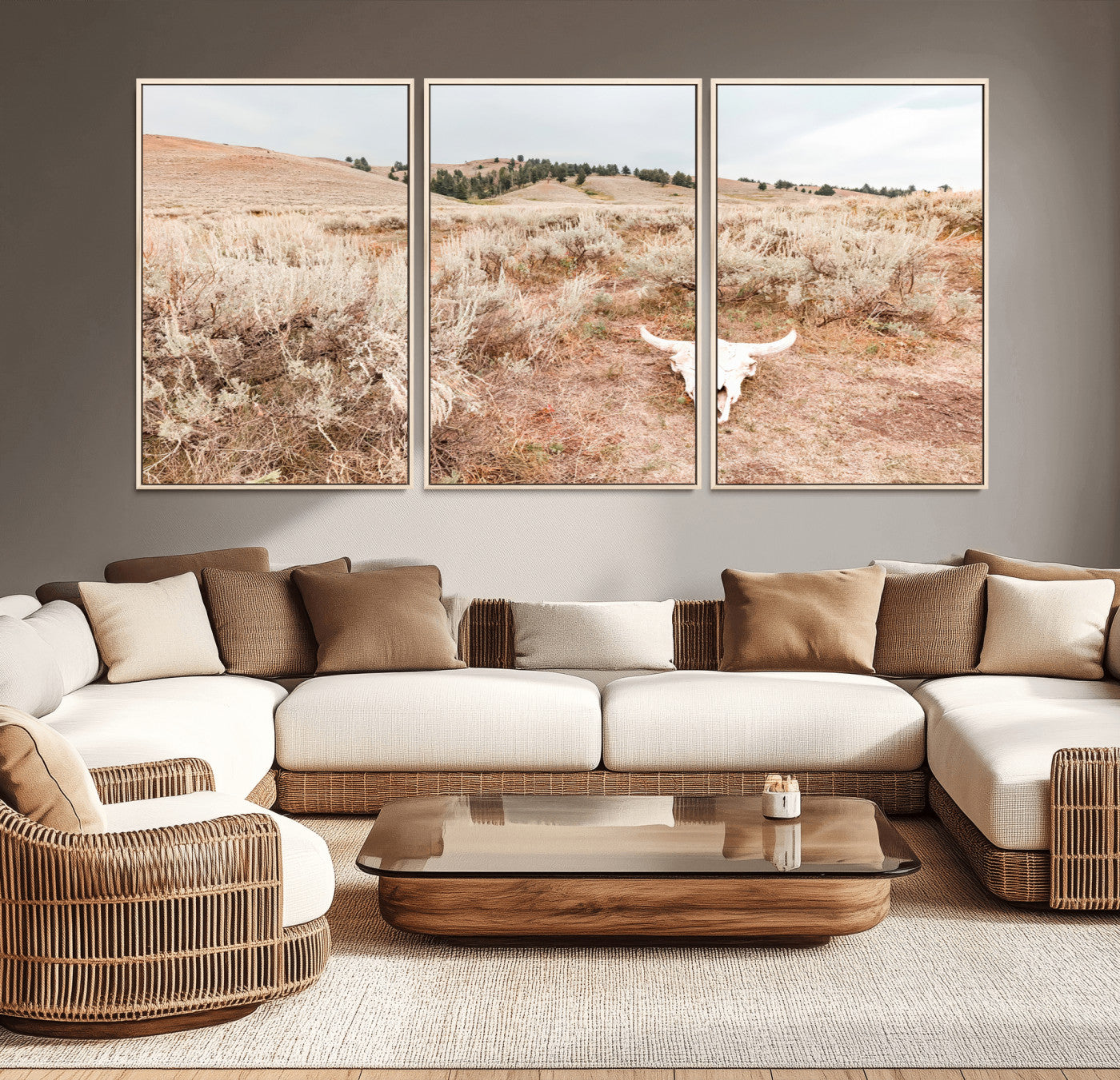 Rustic bull skull on dry sagebrush field under soft light, ideal for western minimal or desert prairie-style wall decoration.