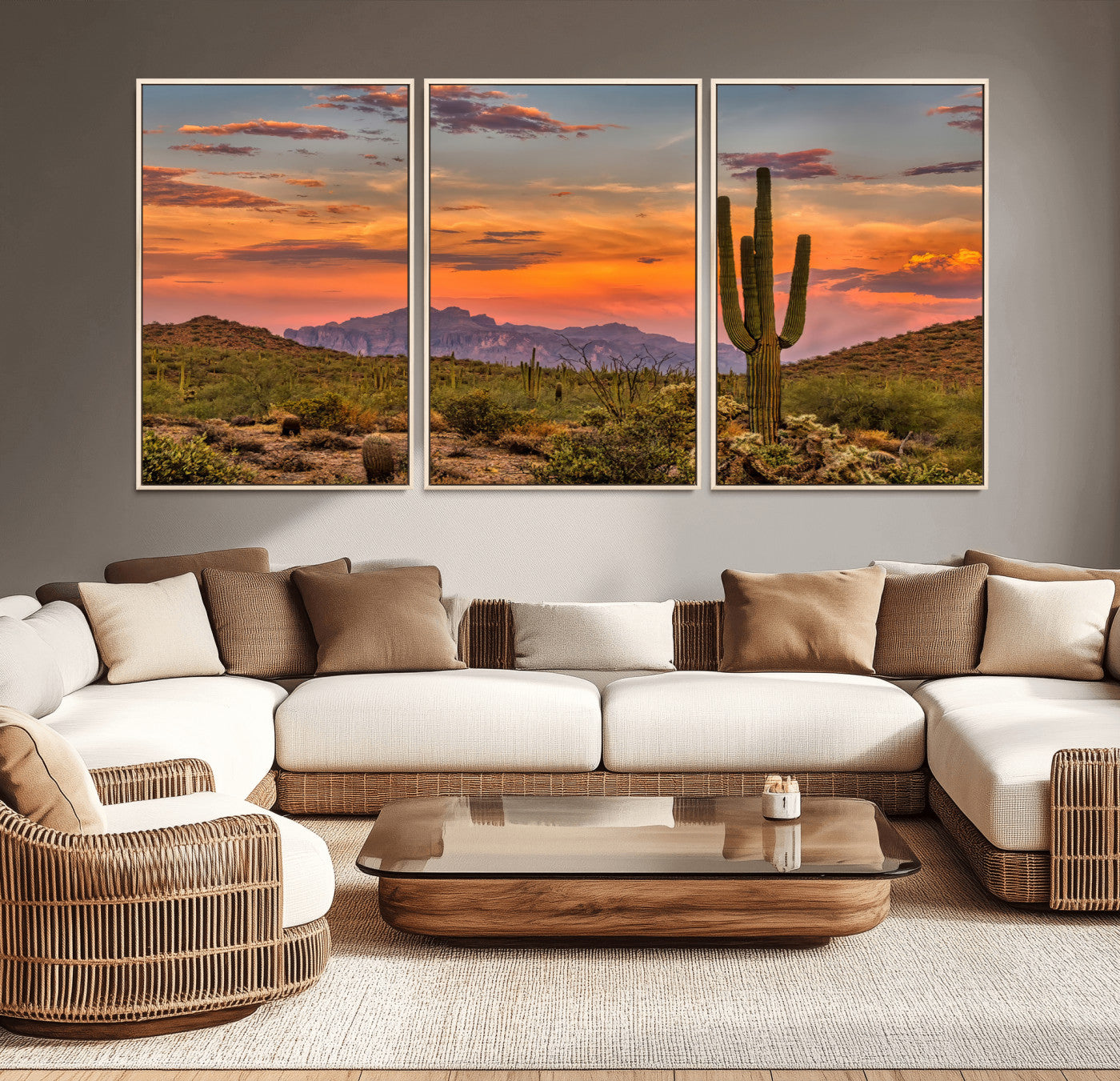 Vibrant desert sunset with saguaro cacti and distant mountains, perfect for Southwestern or warm-toned home decor.