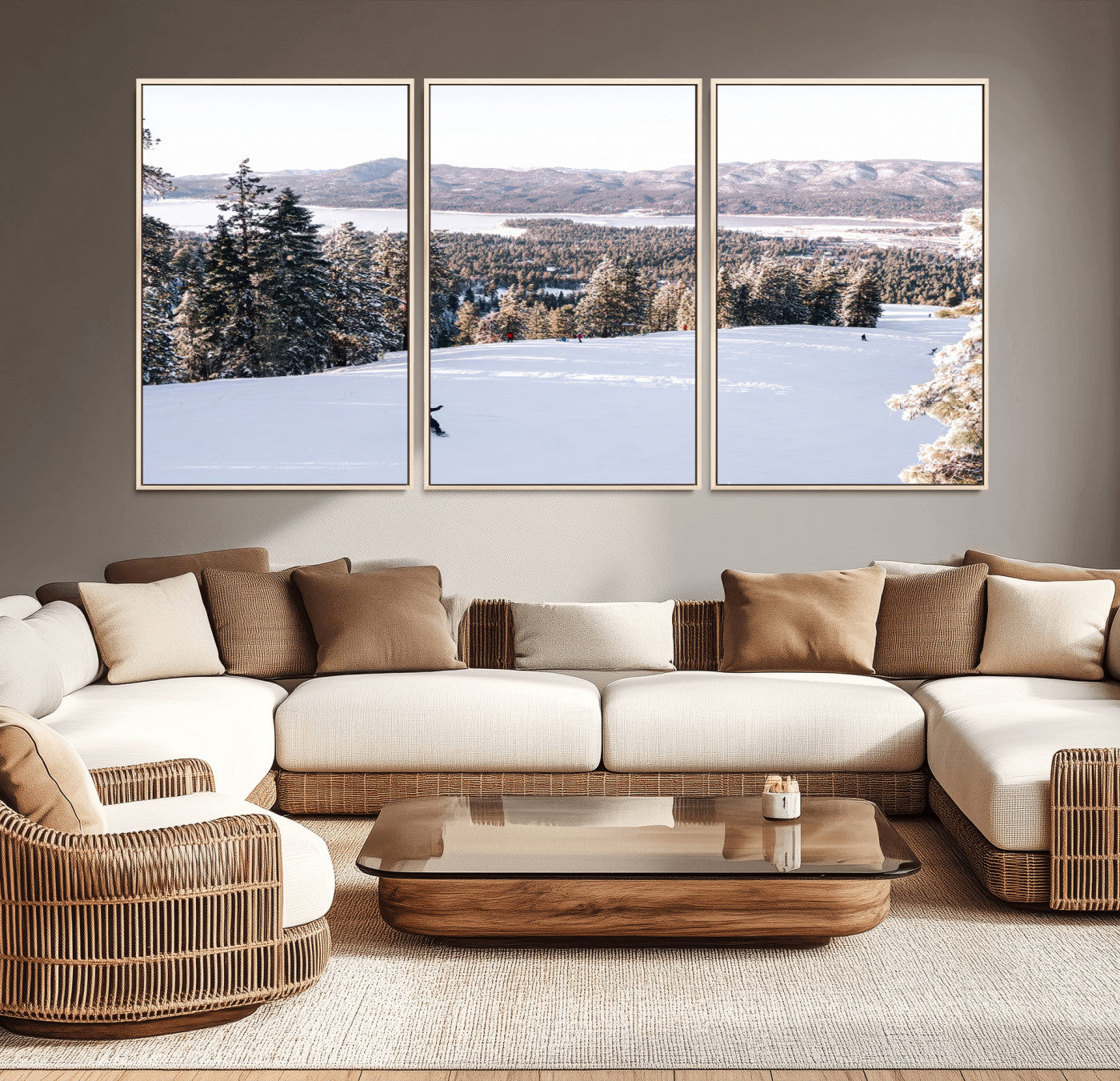 Canvas of a snowy mountain ski slope with pine trees and bright winter light, ideal for modern rustic or alpine-inspired home decor.