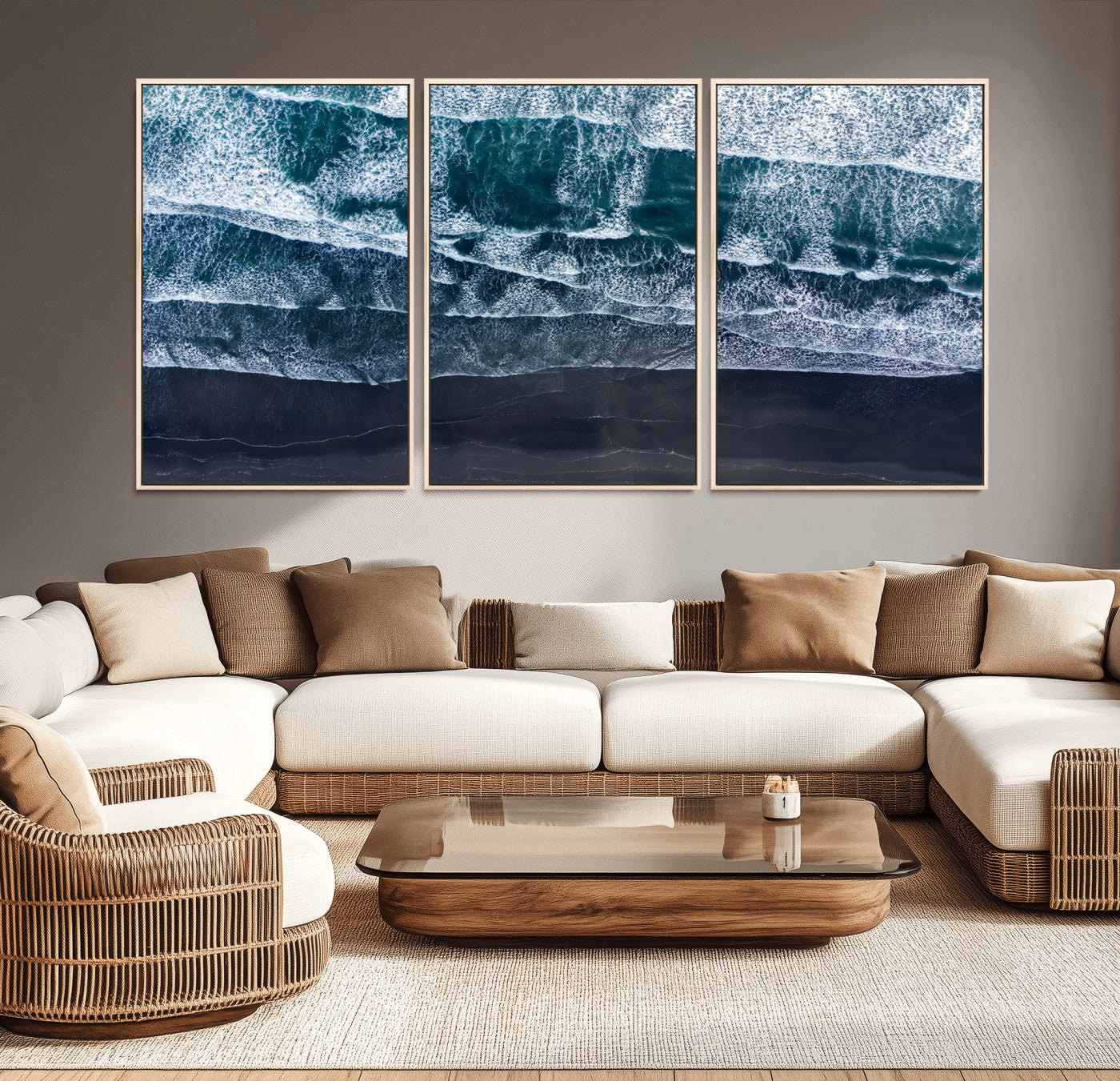 Canvas of aerial ocean waves crashing onto a black sand beach in moody tones, ideal for modern coastal or minimalist home decor.