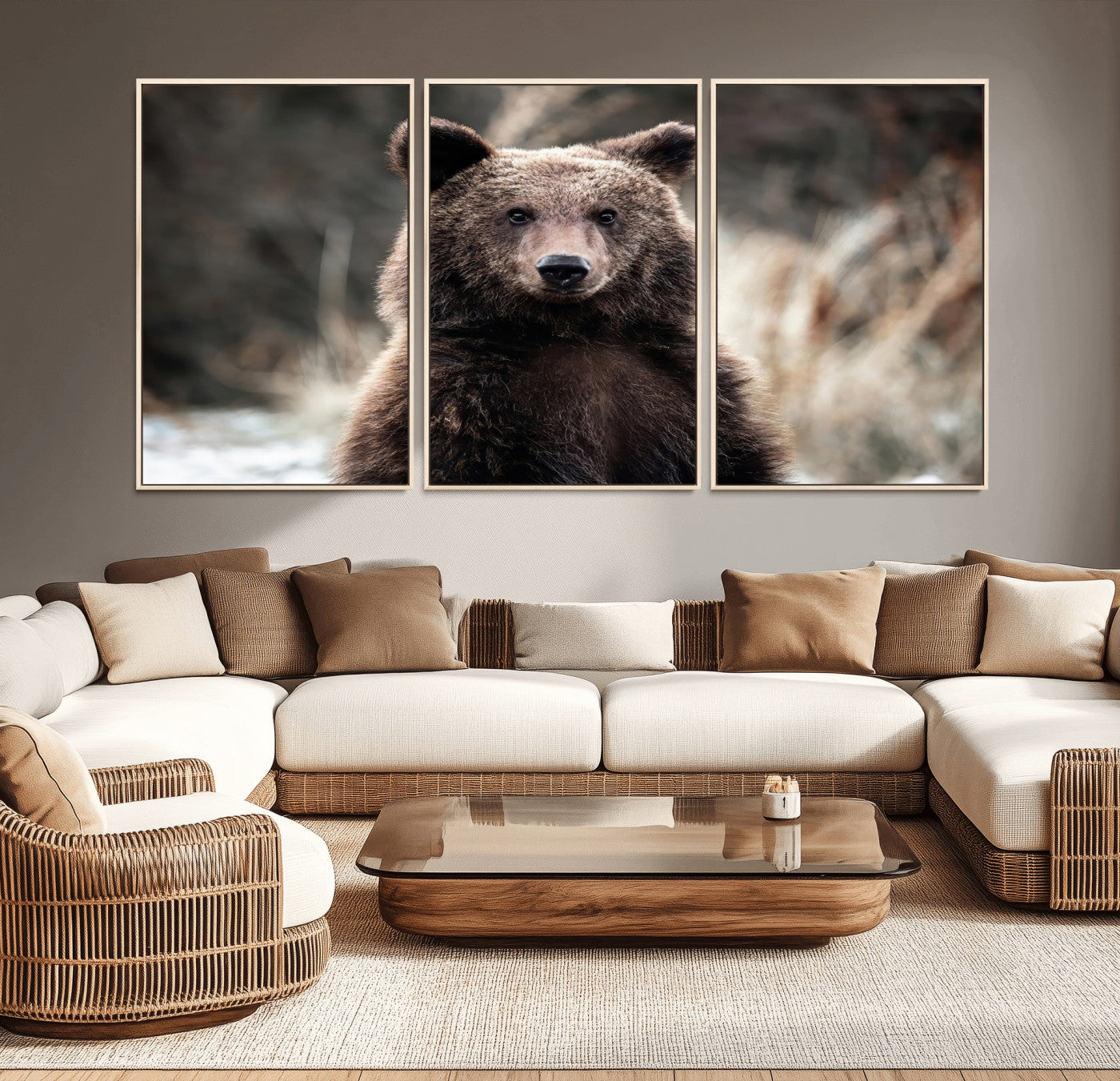 Canvas of a brown bear in soft earthy tones and moody forest light, ideal for rustic cabin or woodland nature-themed home decor.