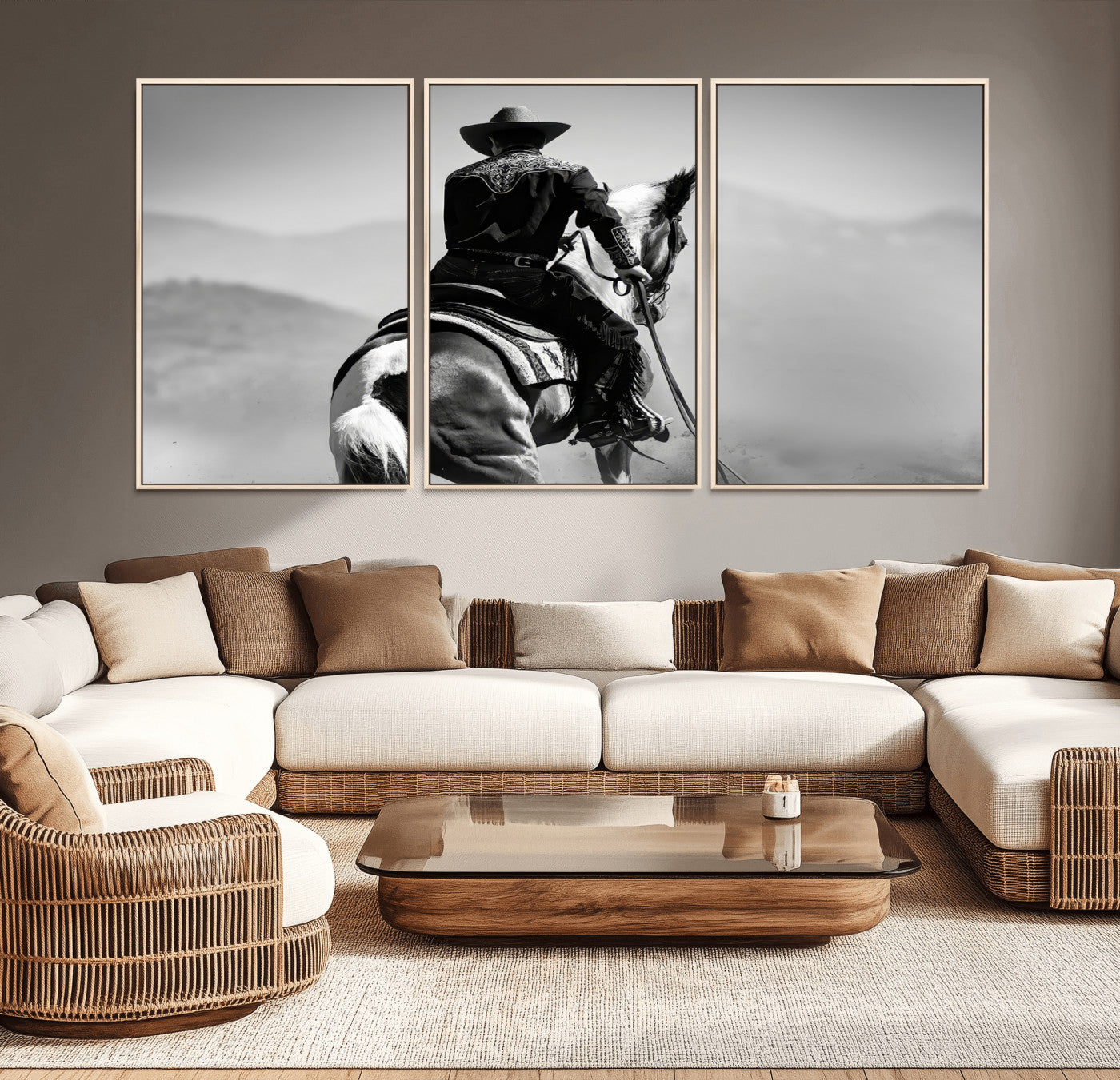 Black and white canvas of a cowboy on horseback with moody tones, perfect for rustic western or country-inspired home decor.