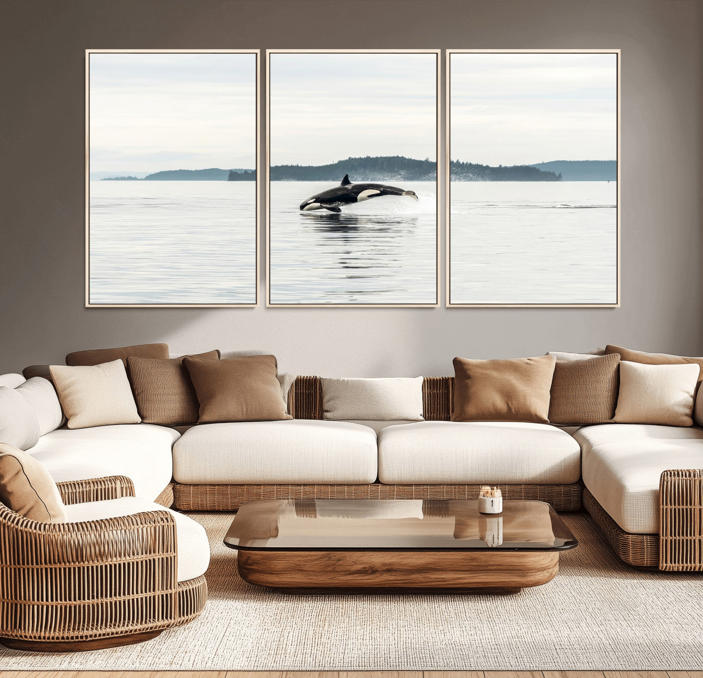 An orca jumping out of calm ocean waters with a misty island in the background, creating a serene and minimalist marine wildlife scene.
