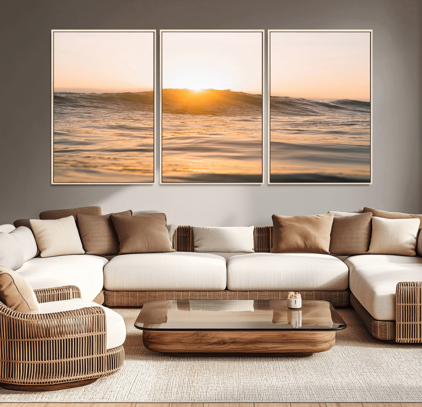 Ocean waves glowing under a warm golden sunset, reflecting soft light and calm movement, perfect for warm minimalist coastal interiors.