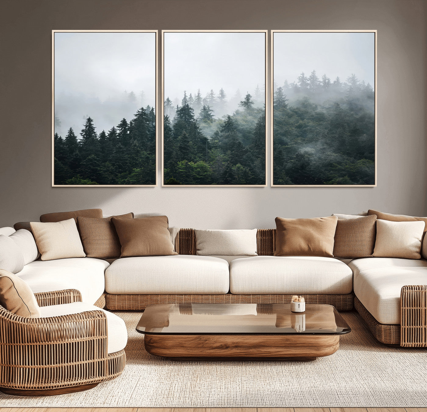 A misty evergreen forest shrouded in soft fog, creating a tranquil and moody landscape with lush green trees fading into the distance.