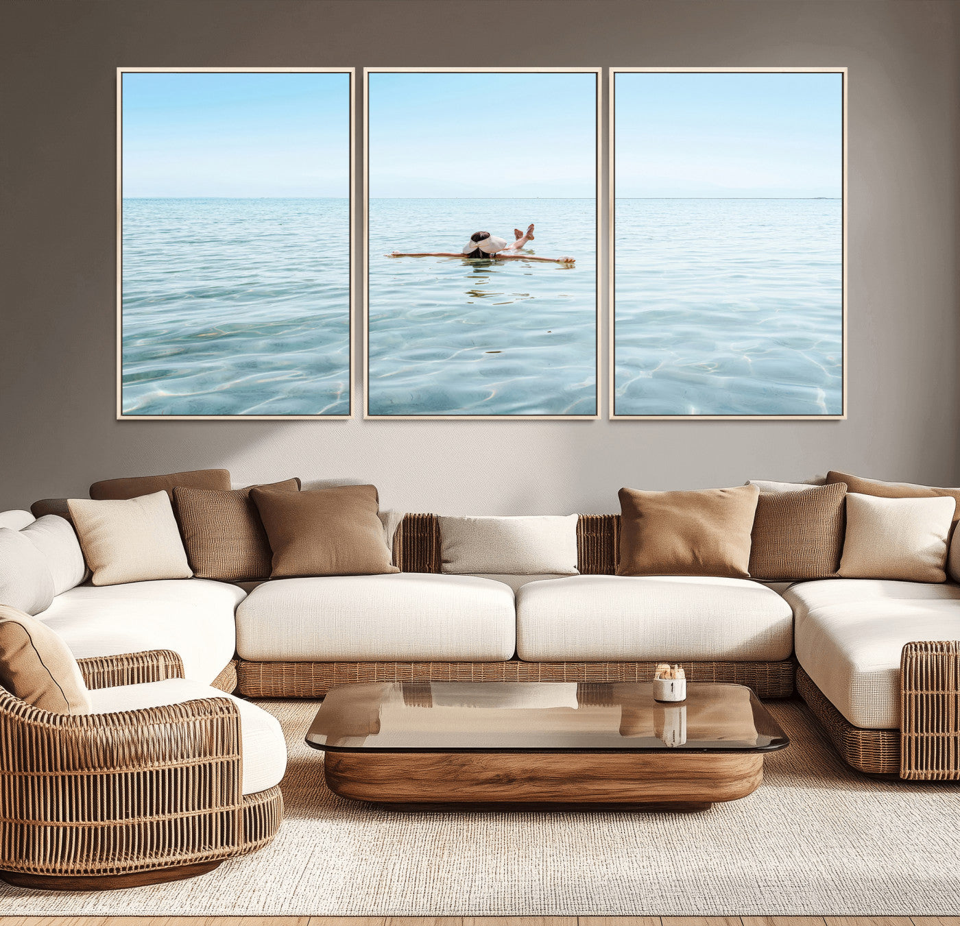 A peaceful minimalist scene of a person floating on crystal-clear water, surrounded by a vast open horizon, capturing relaxation and serenity in a tranquil aquatic setting.