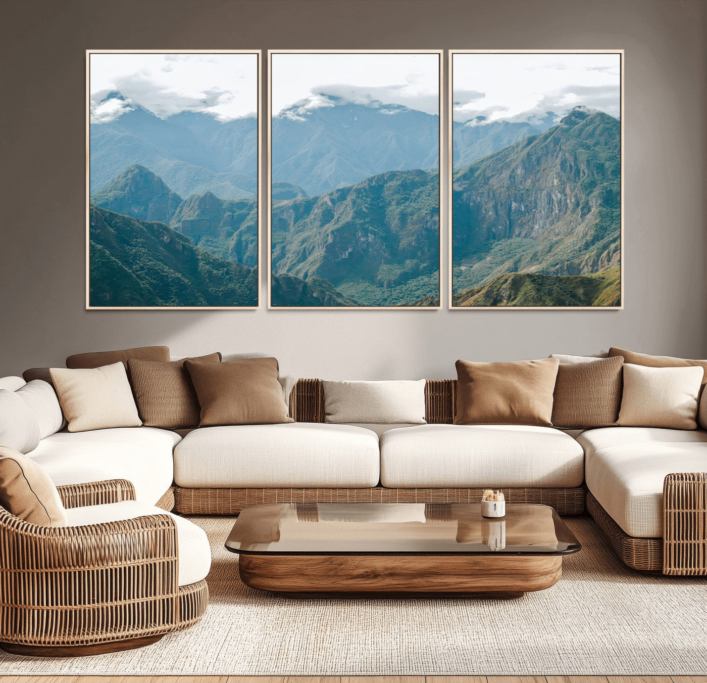 A misty mountain landscape with cloud-covered Andean peaks and lush green valleys, creating a dramatic and serene view, perfect for rustic or nature-inspired home decor.