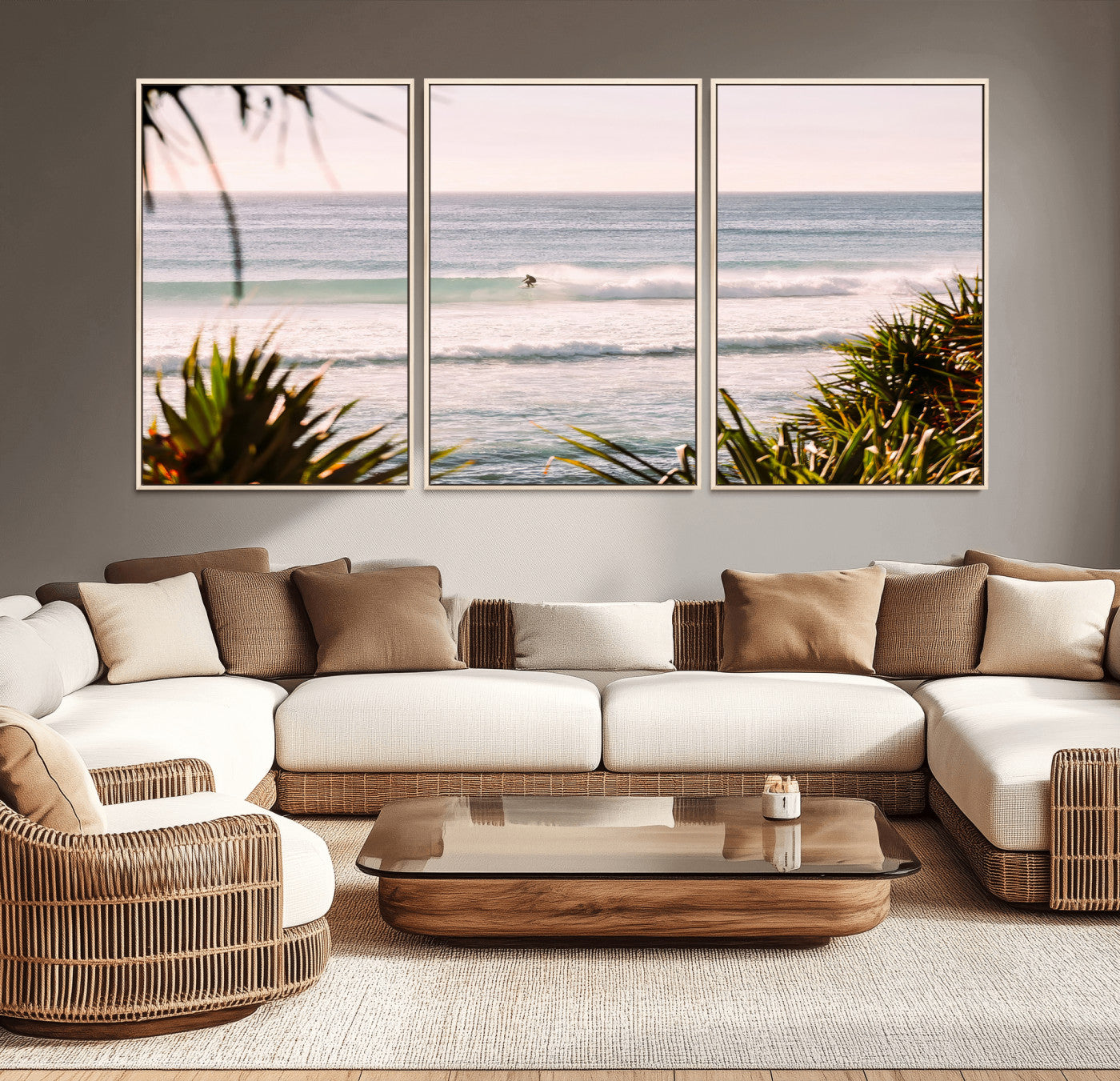 Canvas of a lone surfer riding a pastel wave at sunrise, perfect for tropical or coastal-themed spaces with a relaxed, airy vibe.