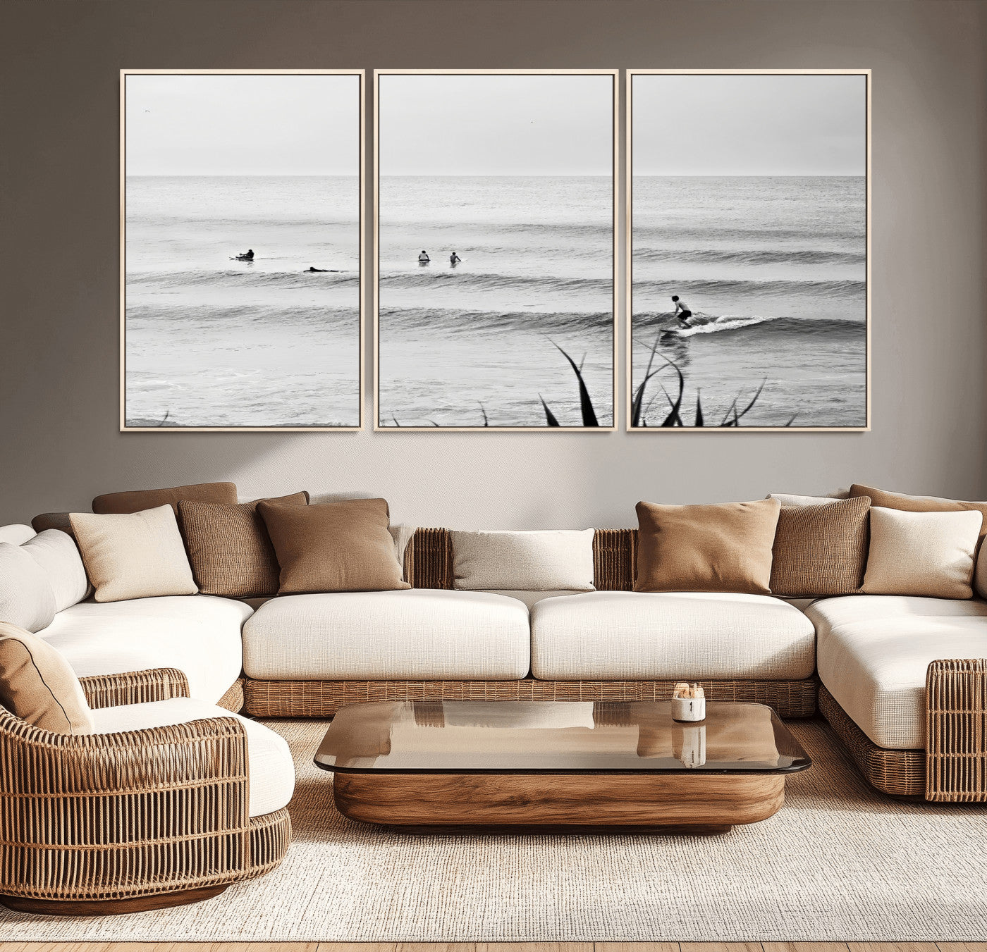 Monochrome canvas of surfers on calm ocean waves, ideal for minimalist coastal or beach-inspired interior decor.
