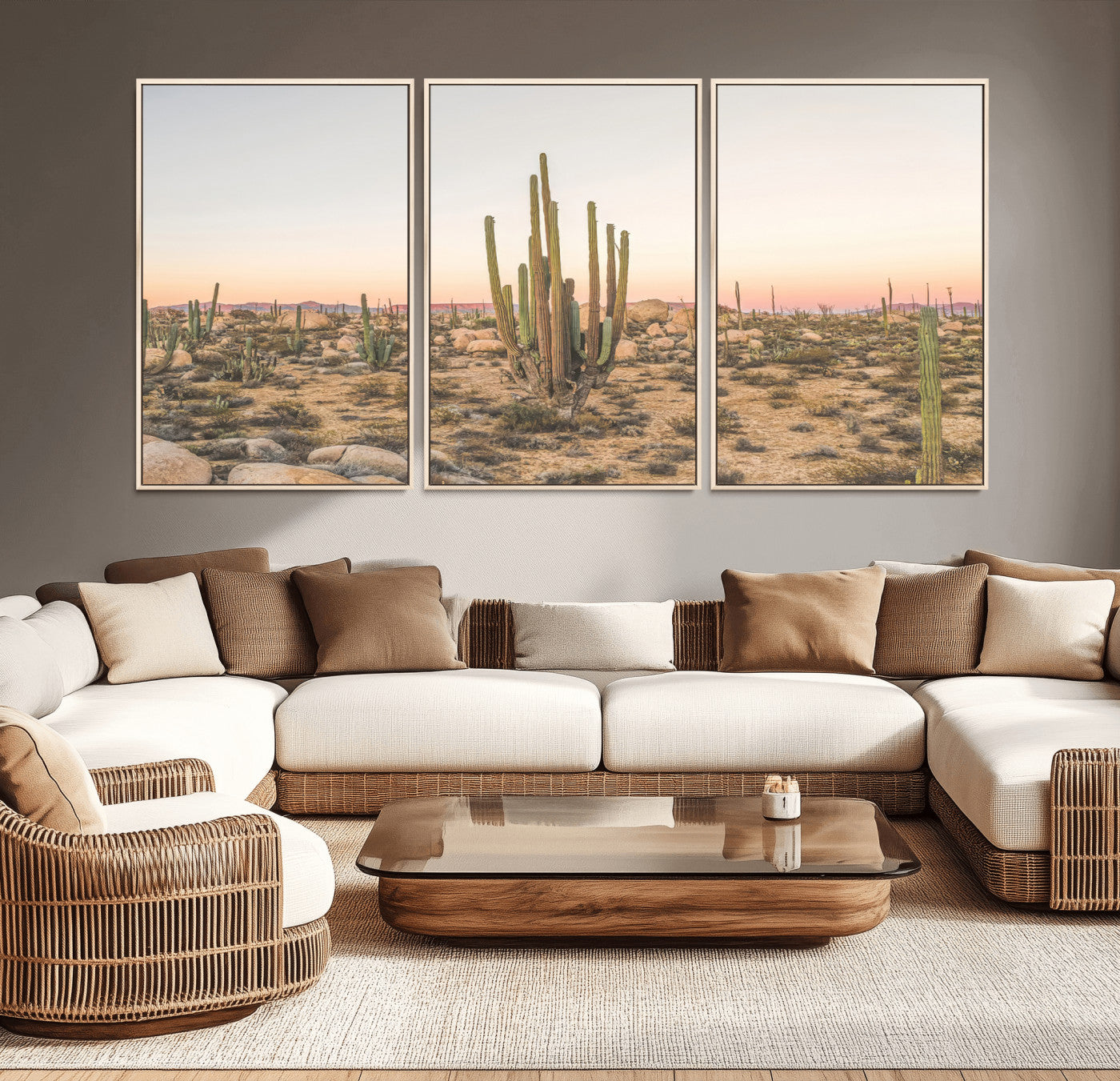 Canvas of tall desert cacti in warm sunset tones over a rocky Baja landscape, ideal for earthy or Southwestern-style home decor.