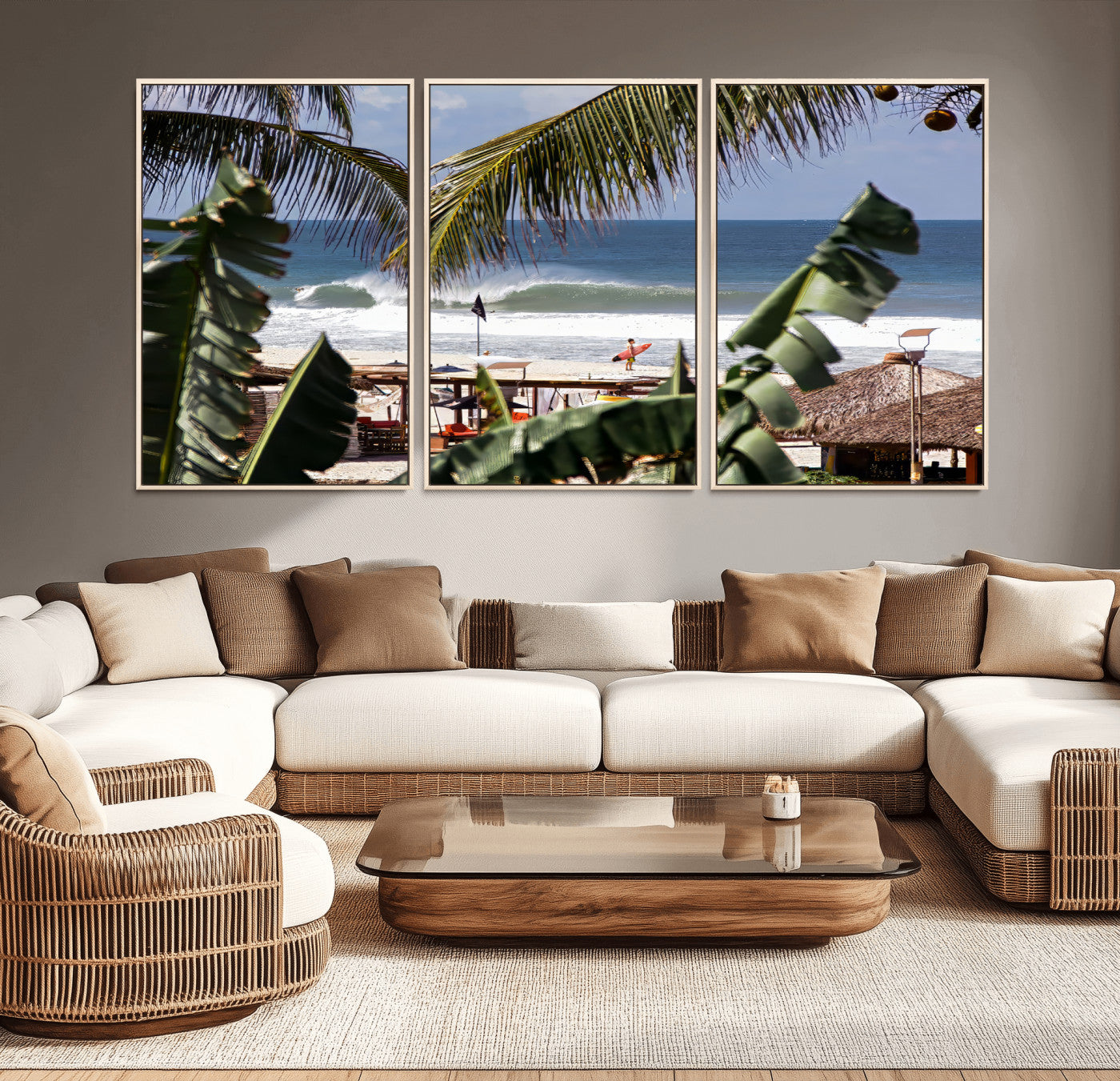 Canvas wall art of a tropical surf scene framed by palm trees, with a surfer on the shore and waves rolling in, ideal for beach-themed decor.