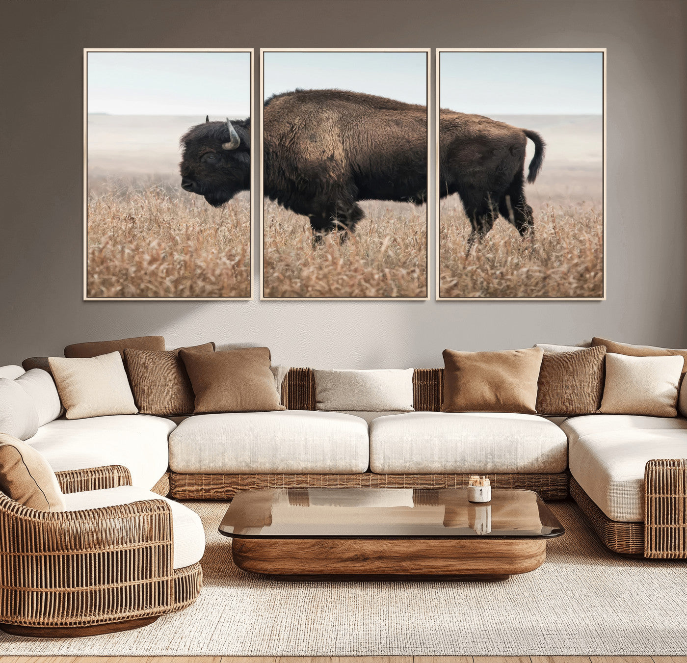 A lone bison stands in a vast prairie under a soft sky, evoking freedom and rustic charm for western or farmhouse inspired interiors.