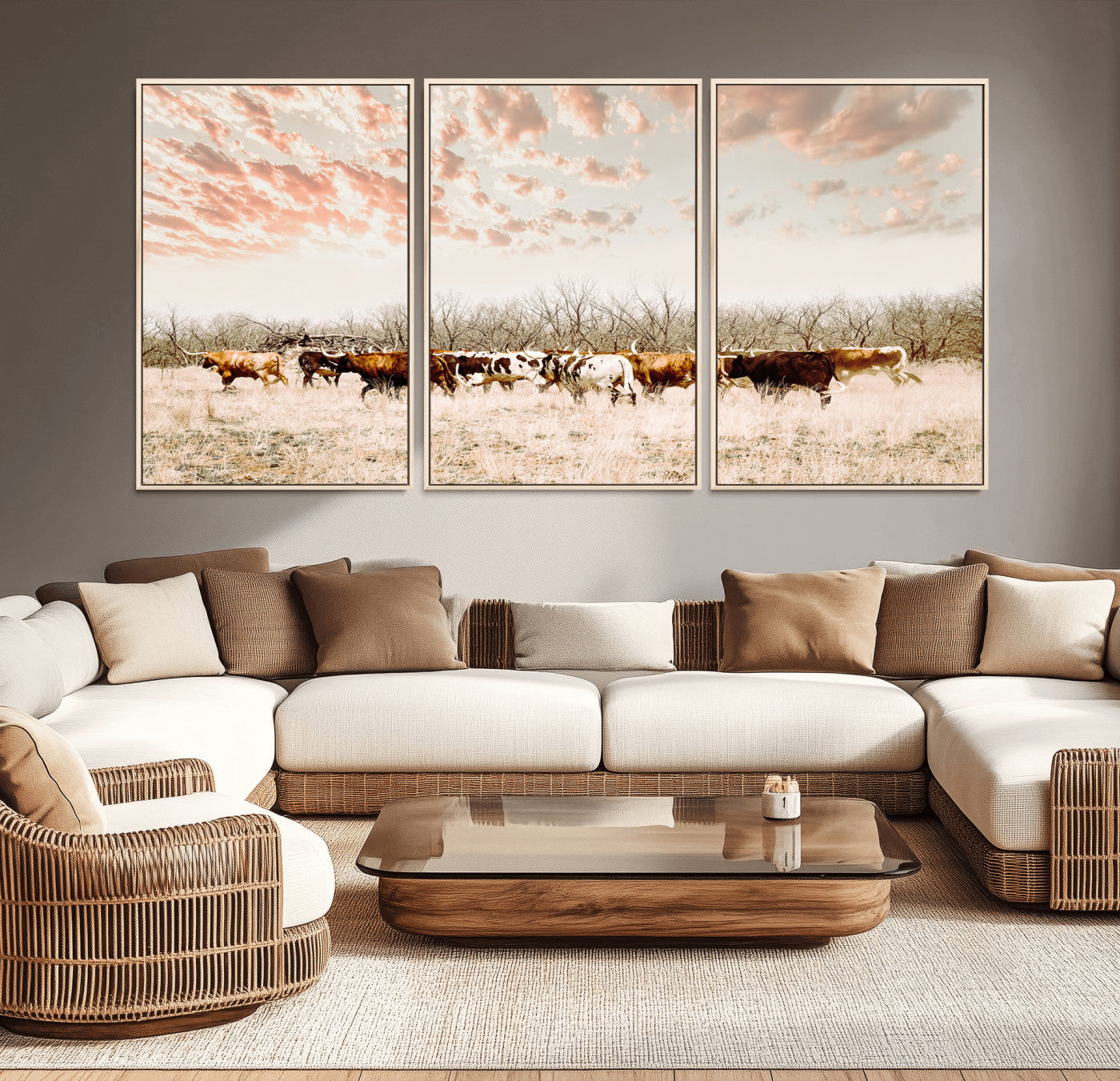 Cattle herd in a soft-toned field under a pastel pink sky, creating a peaceful rustic feel, perfect for farmhouse or western-themed spaces.
