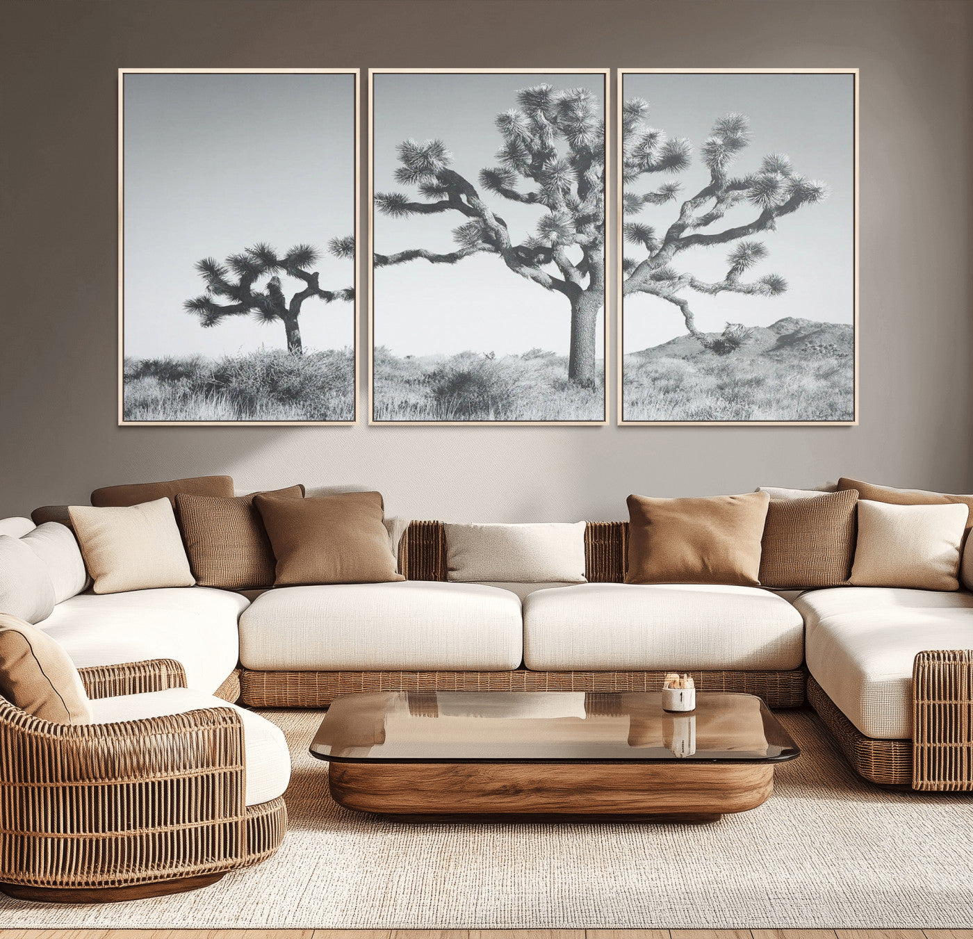 Black and white Joshua tree in a desert landscape with soft light and dry brush, perfect for rustic or minimalist home decor.