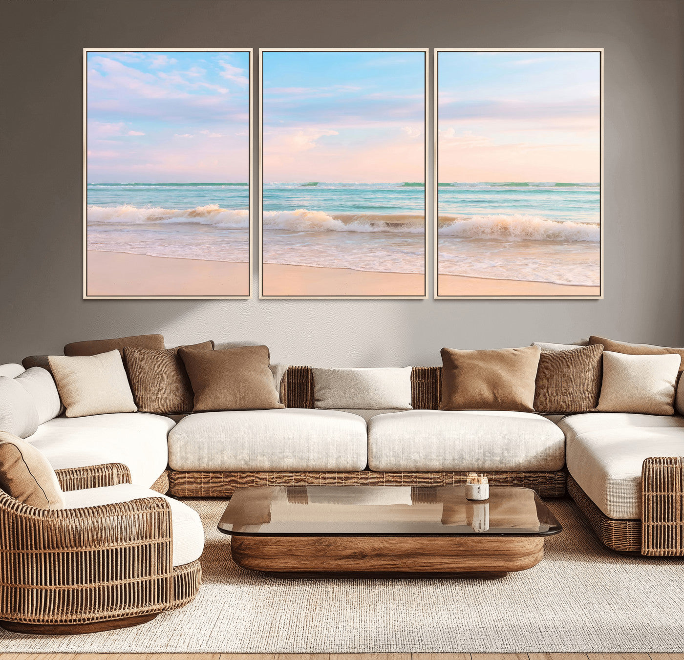 A peaceful beach scene with soft pastel skies, gentle waves washing up on the sandy shore, creating a calm and serene ocean view.