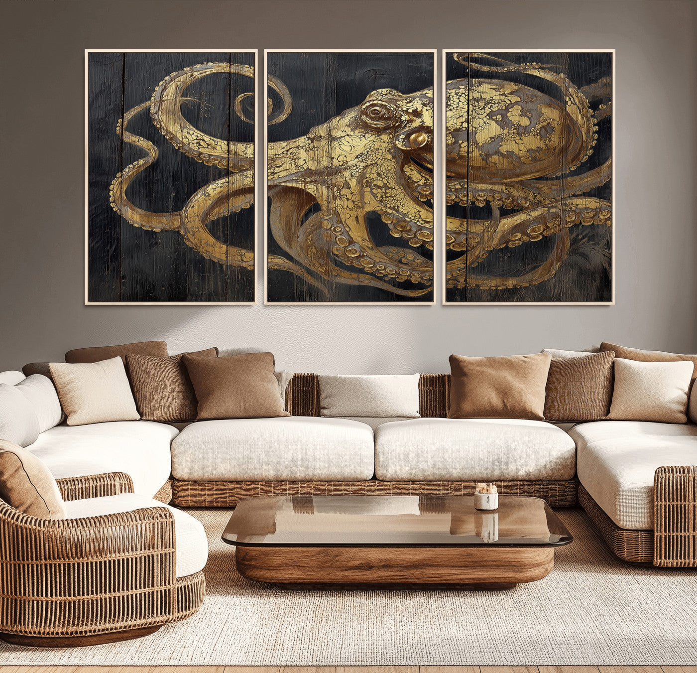 A detailed gold illustration of an octopus on black wooden planks, showing its intricate tentacles and textured skin in an artistic style.