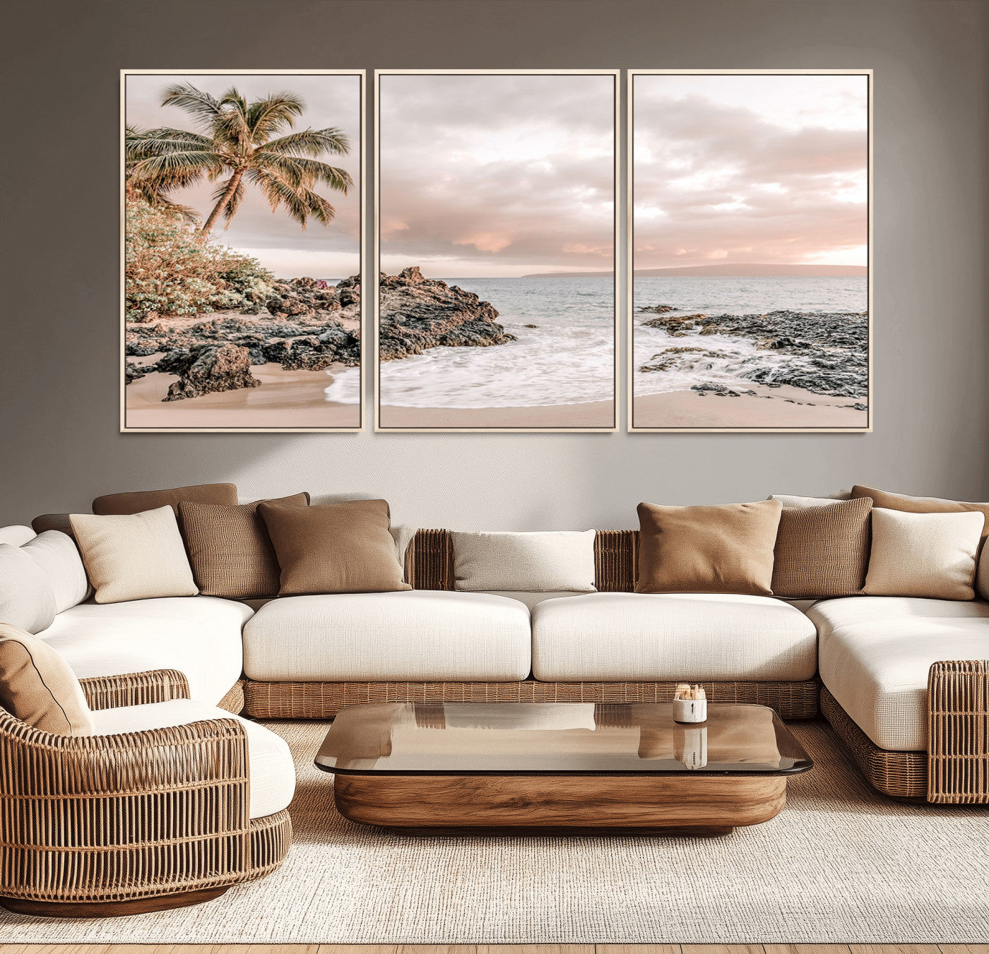 A peaceful beach scene with a palm tree and rocks, soft waves washing onto the shore under a soft pastel sky at sunset.