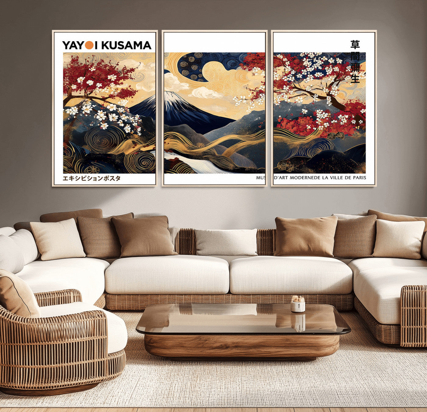 An artwork by Yayoi Kusama featuring Mount Fuji, blooming cherry blossoms, and swirling patterns in a harmonious blend of nature and art.