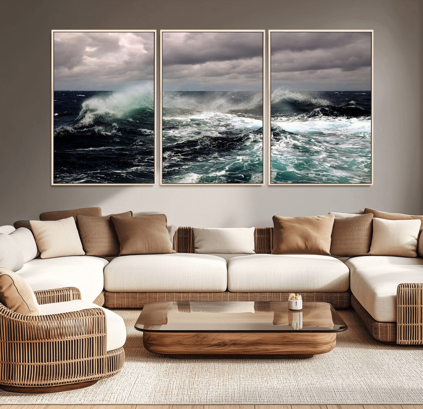 Powerful ocean waves crashing under stormy skies, creating a dynamic and intense seascape.