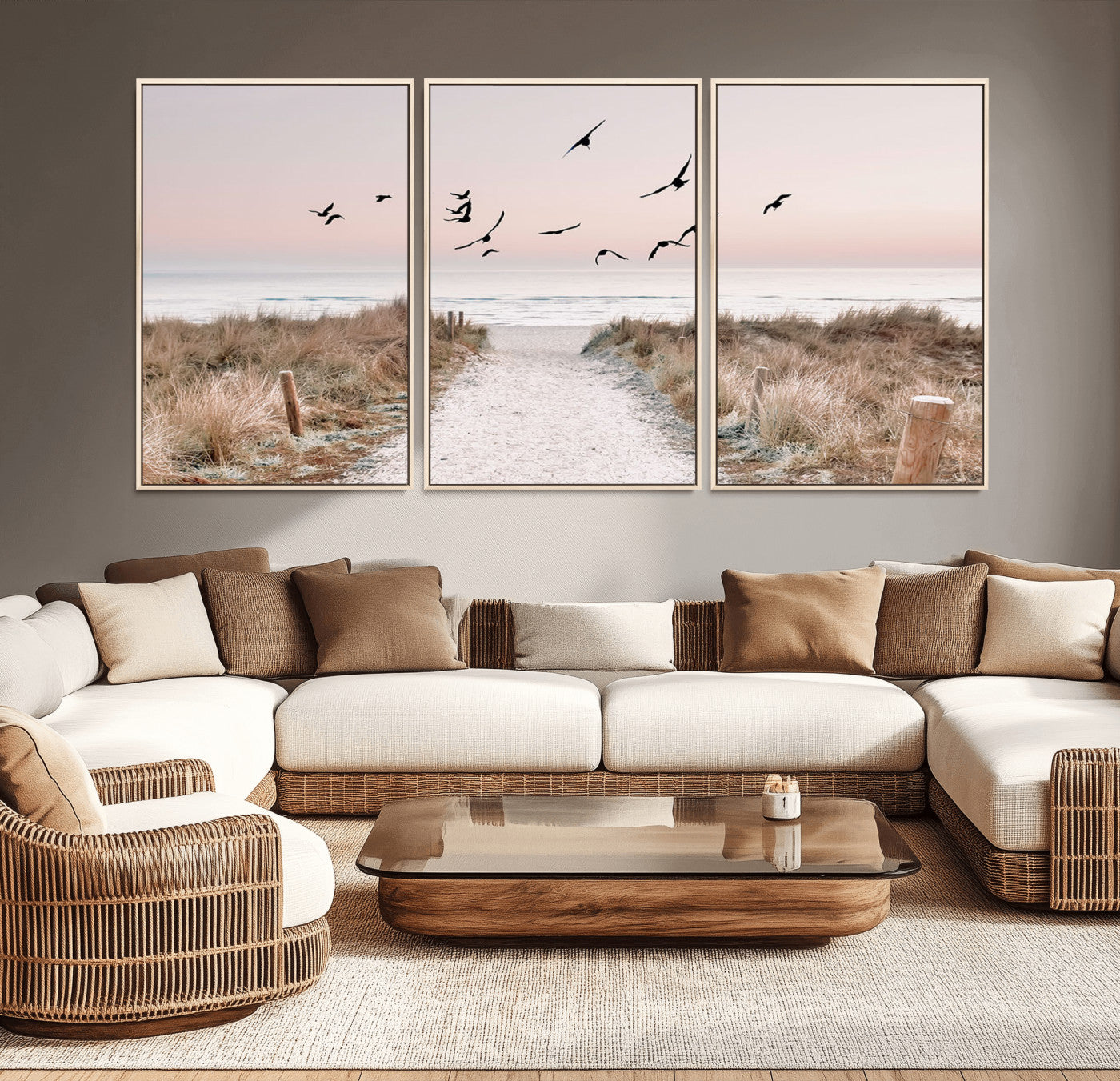 A peaceful coastal pathway leading to the ocean, with birds flying across a soft pastel sky, creating a calm and scenic beach atmosphere.