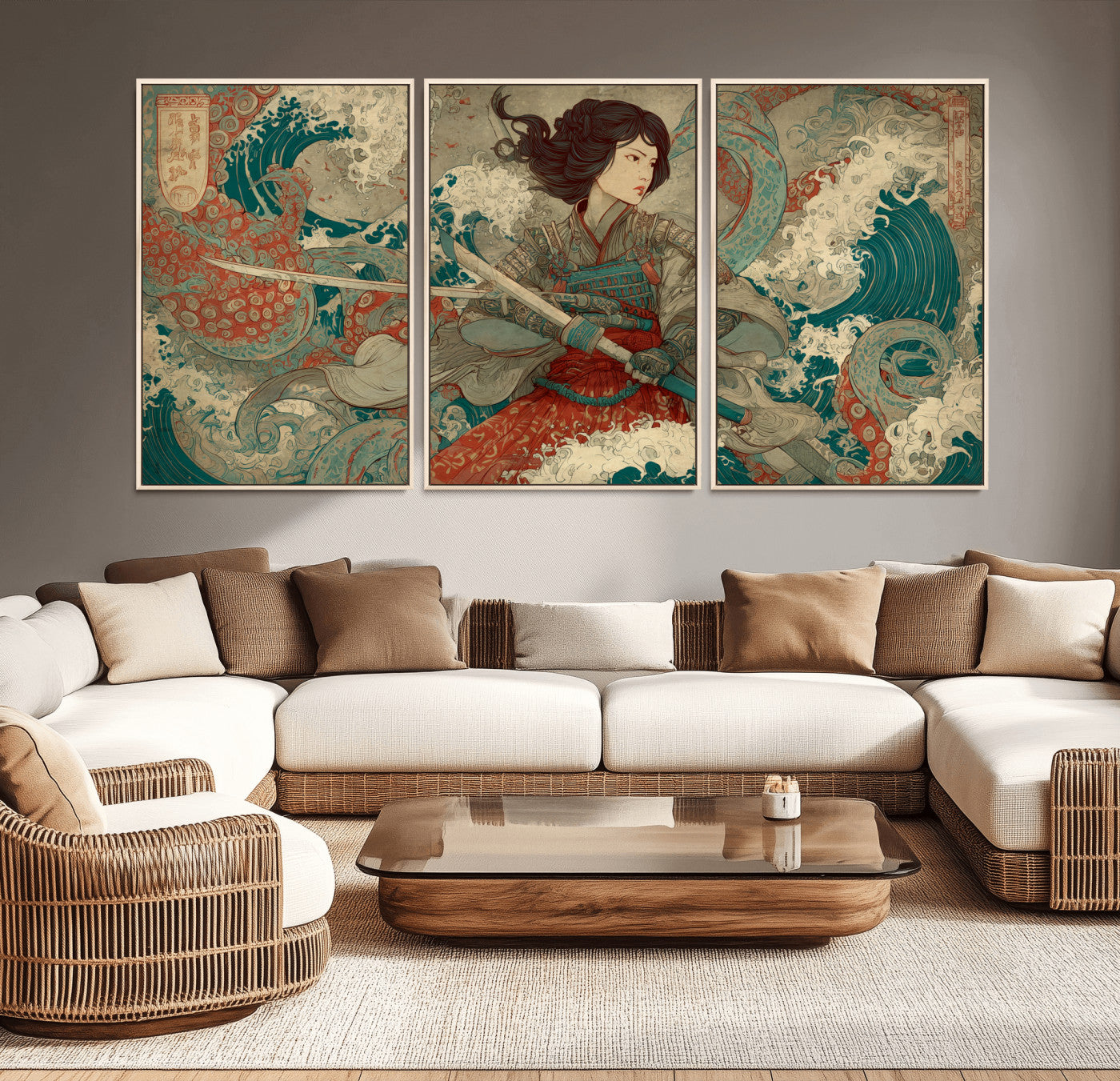 Tsukioka Yoshitoshi Samurai Wall Art Print, Japanese Katana Warrior Canvas Wall Art, Octopus Sea Monster Canvas Print,