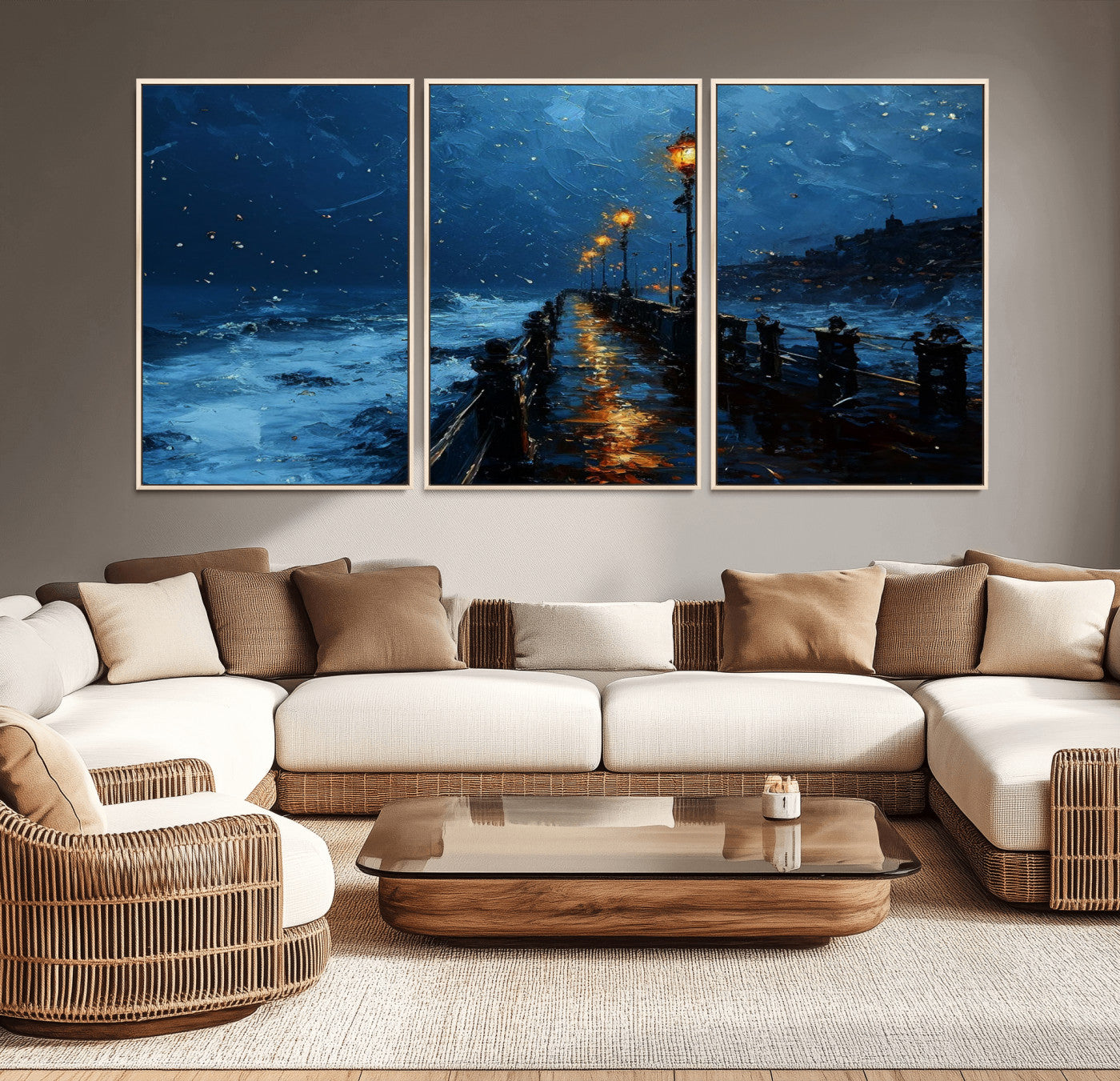 "Impressionistic painting of a rainy pier at night with glowing street lamps reflecting on the wet surface, ocean waves crashing under a dark blue sky."