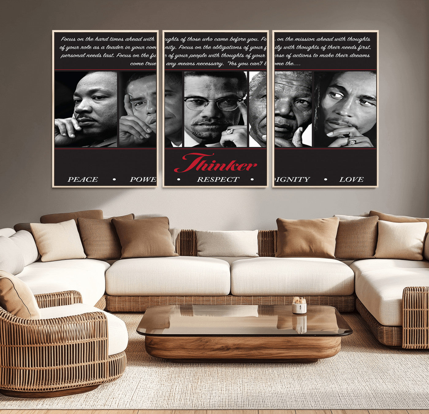 Monochrome canvas of iconic Black leaders with a powerful quote, perfect for modern spaces with a cultural or motivational theme.