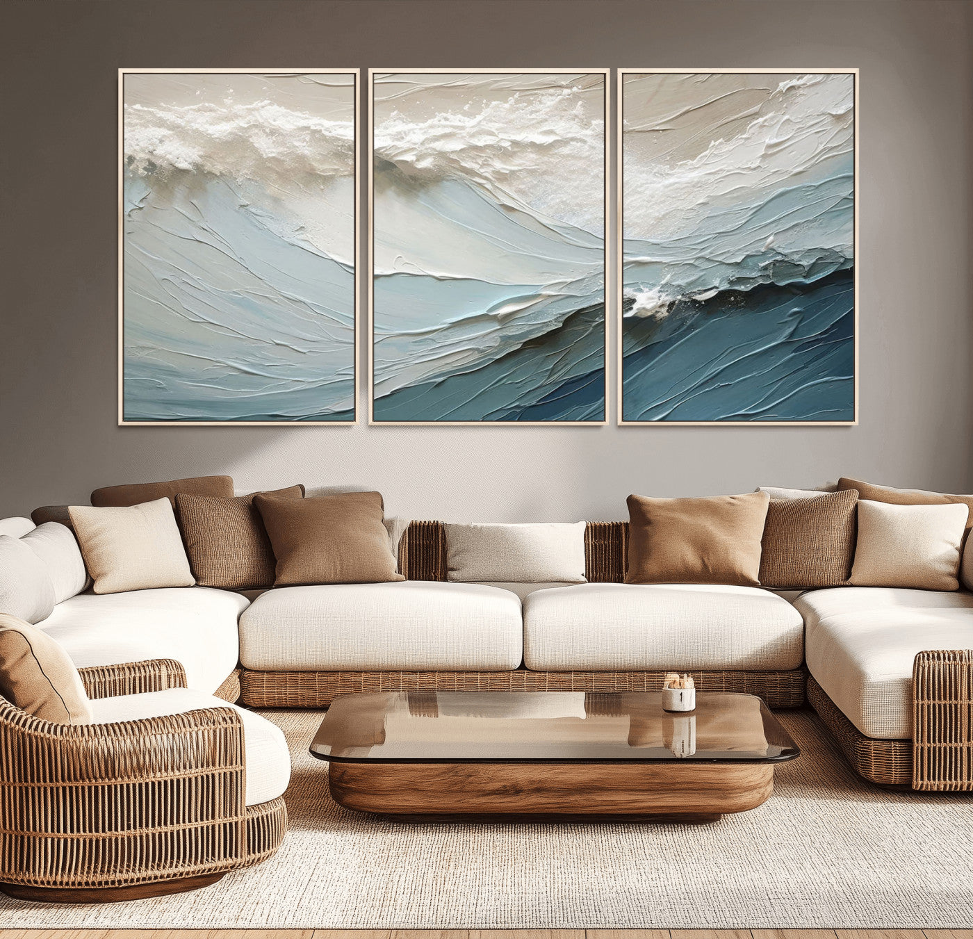 Textured canvas of ocean waves in soft coastal blues and creamy whites, ideal for modern or minimalist coastal-style interiors.