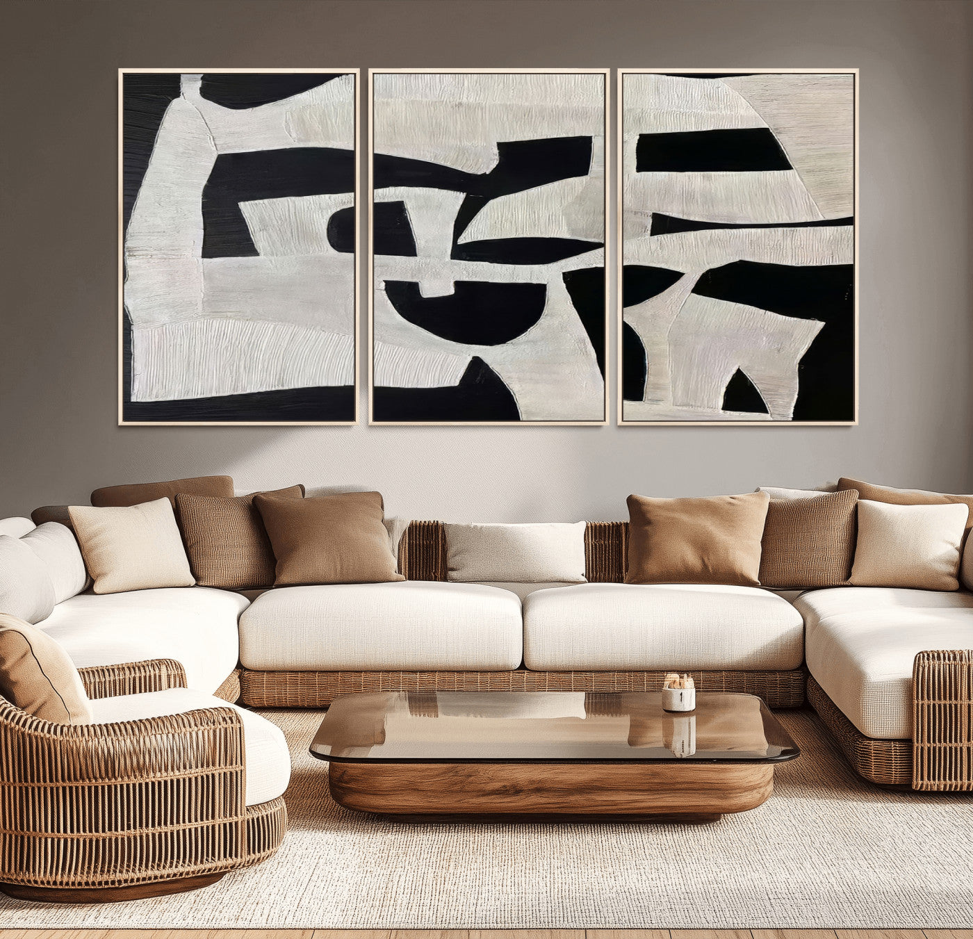 Minimalist black and white canvas featuring bold abstract textures and geometric shapes, ideal for modern neutral decor.