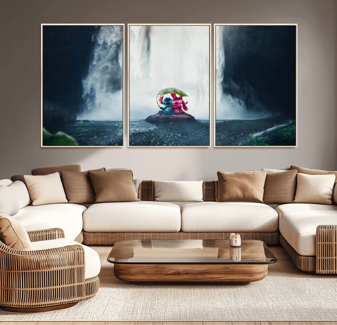 Fantasy canvas of Stitch and Angel under a leaf umbrella in front of a dramatic waterfall, perfect for moody jungle-themed or animated decor.