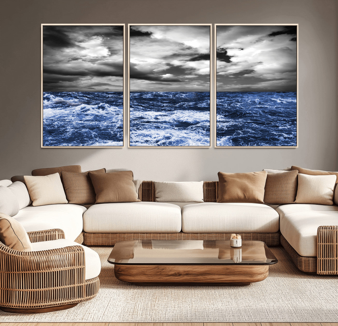 Moody canvas wall art of a stormy ocean under a dramatic black-and-white sky, perfect for bold or coastal-style interiors.