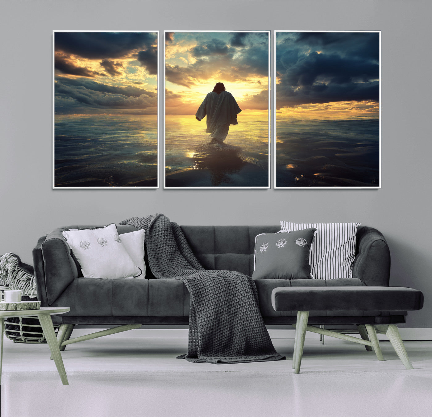Spiritual artwork of Jesus walking on water at golden hour with divine light, ideal for Christian home decor or prayer room.