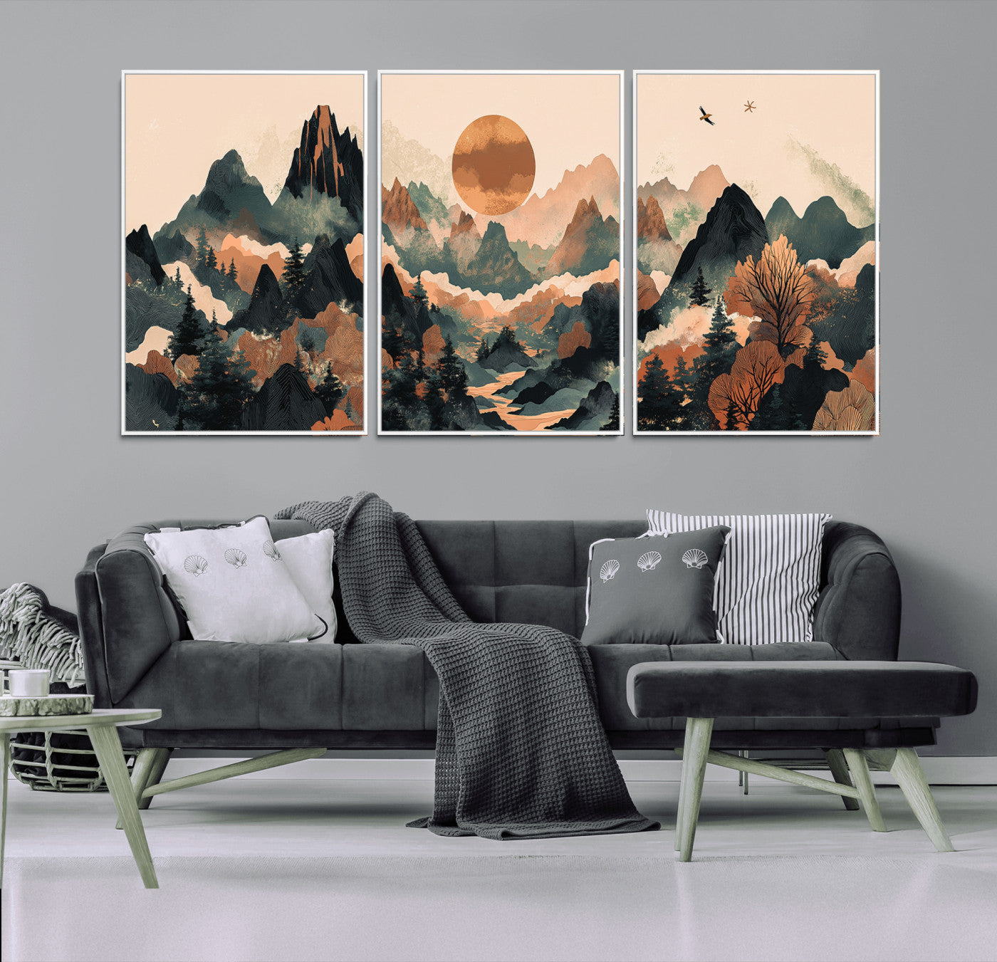 Mountain Landscape Wall Art Print - Sunset Hills Canvas Print, featuring an abstract nature scene with earthy tones and misty peaks, perfect for boho and modern decor.
