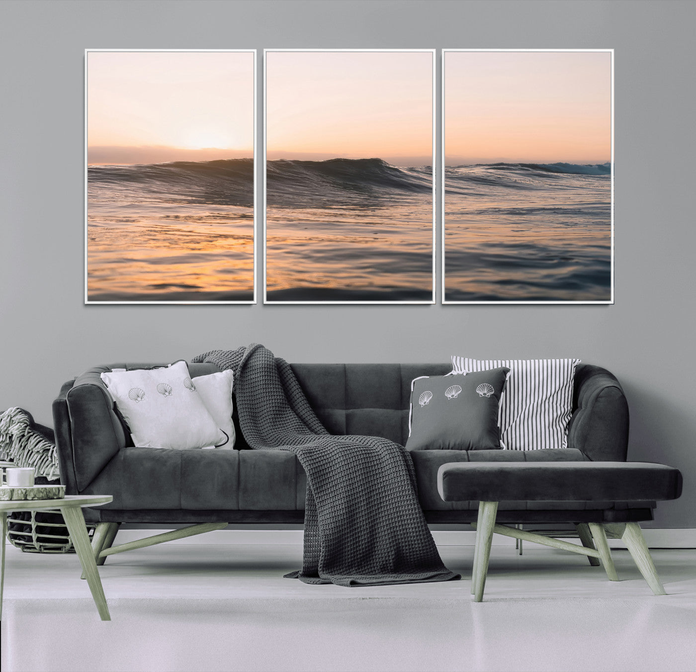Framed canvas of ocean waves glowing in sunset light, ideal for golden hour calm or peaceful coastal-inspired wall decor.