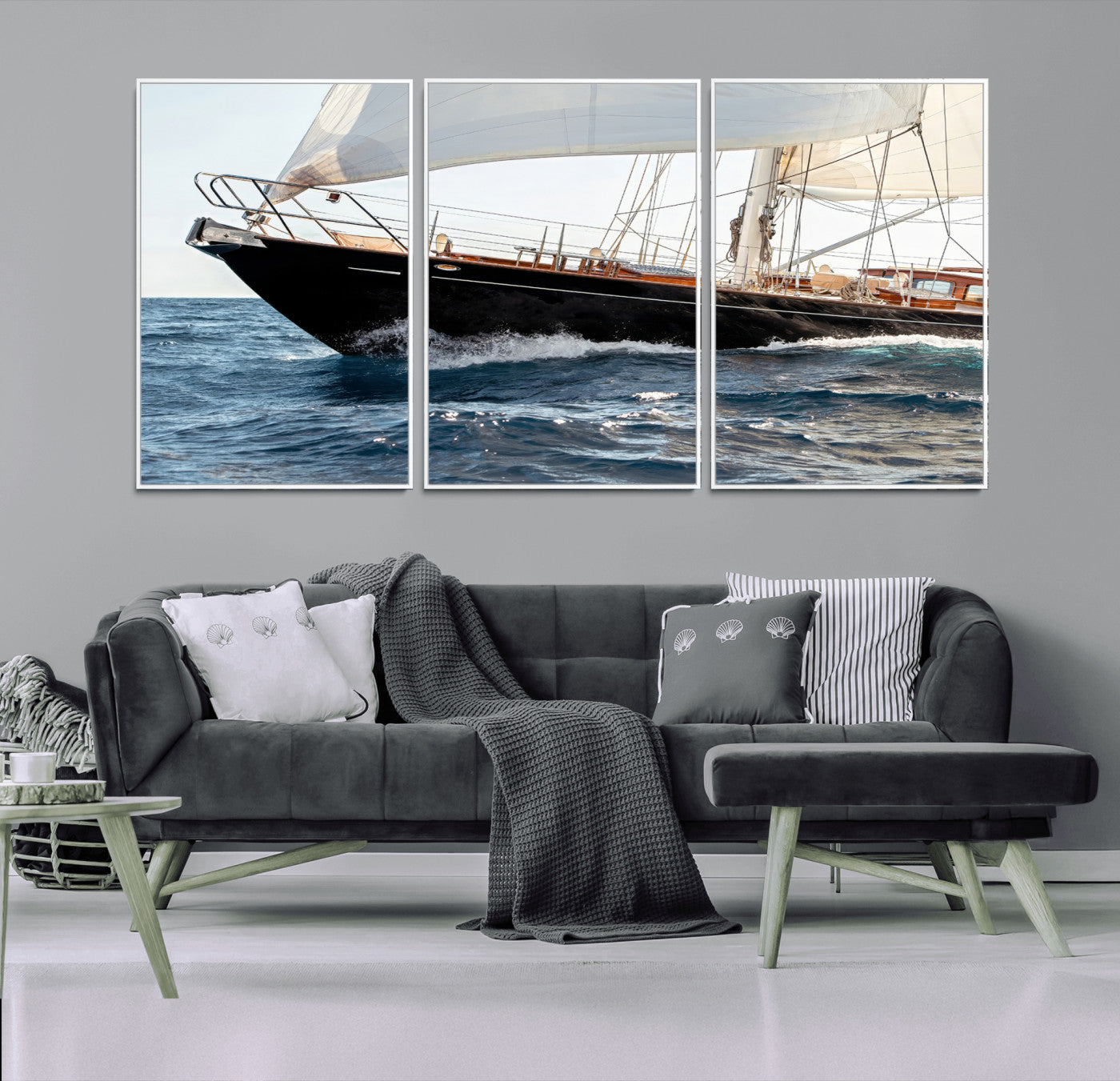 Close-up of a classic sailing yacht with wooden deck and full sails, perfect for nautical or coastal-style decor in ocean-themed spaces.