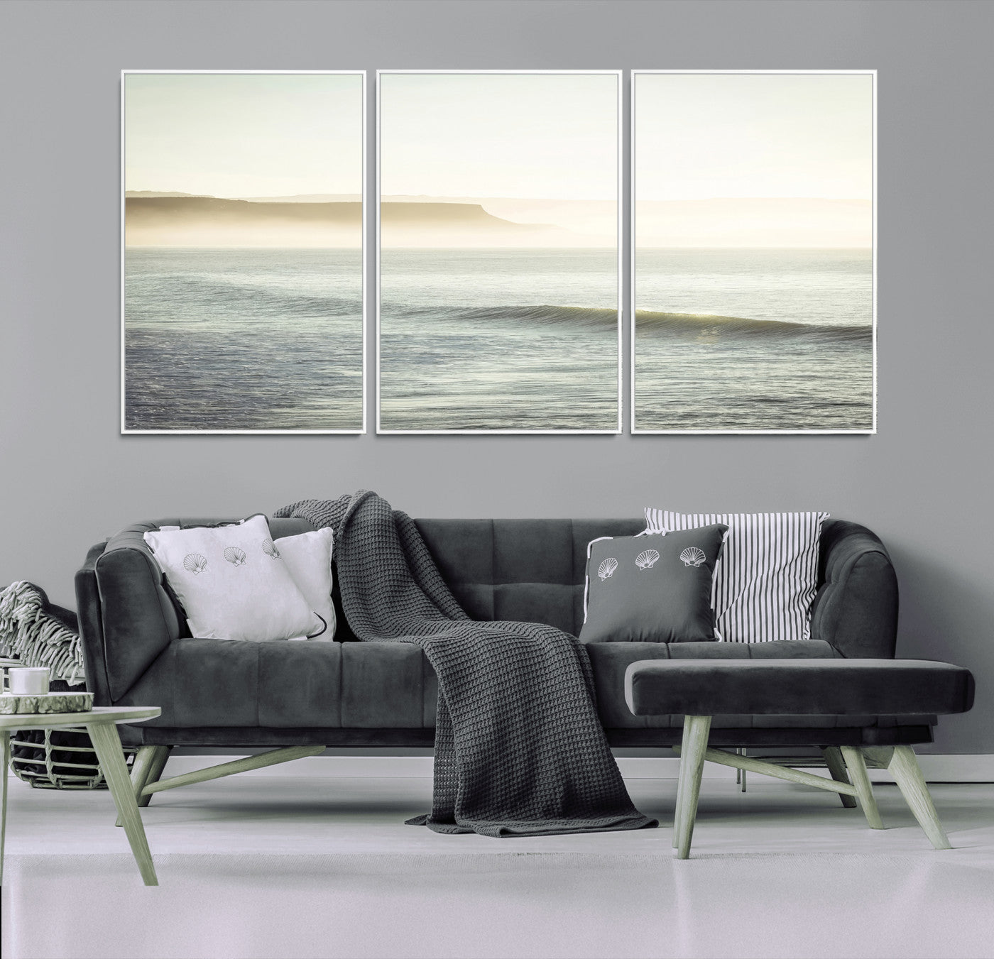 Canvas of a misty ocean scene with coastal cliffs and soft neutral tones, ideal for Scandinavian coastal or minimalist nature-inspired home decor.