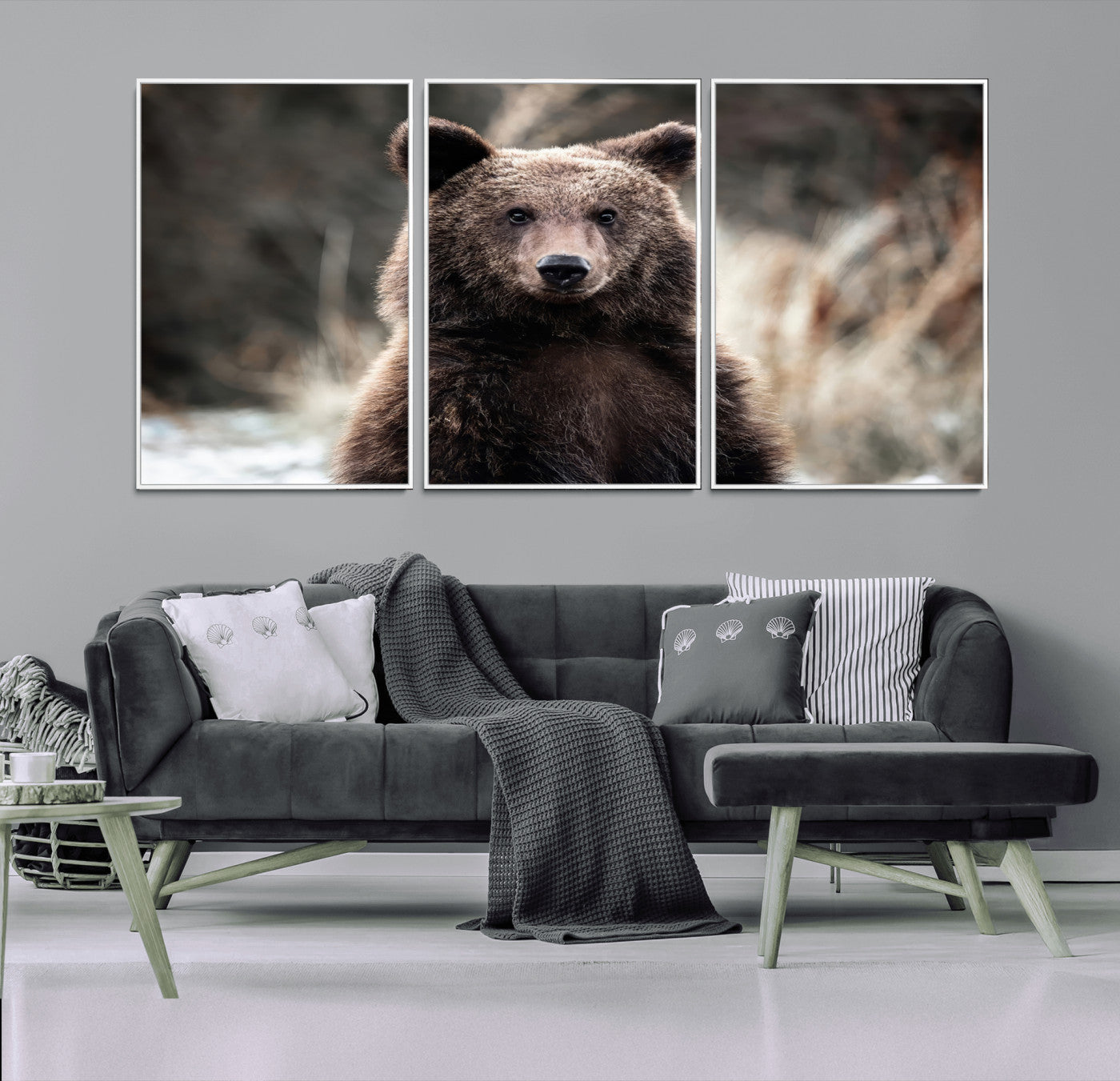 Canvas of a brown bear in soft earthy tones and moody forest light, ideal for rustic cabin or woodland nature-themed home decor.
