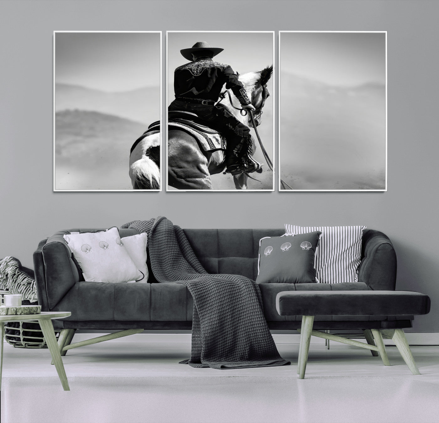 Black and white canvas of a cowboy on horseback with moody tones, perfect for rustic western or country-inspired home decor.